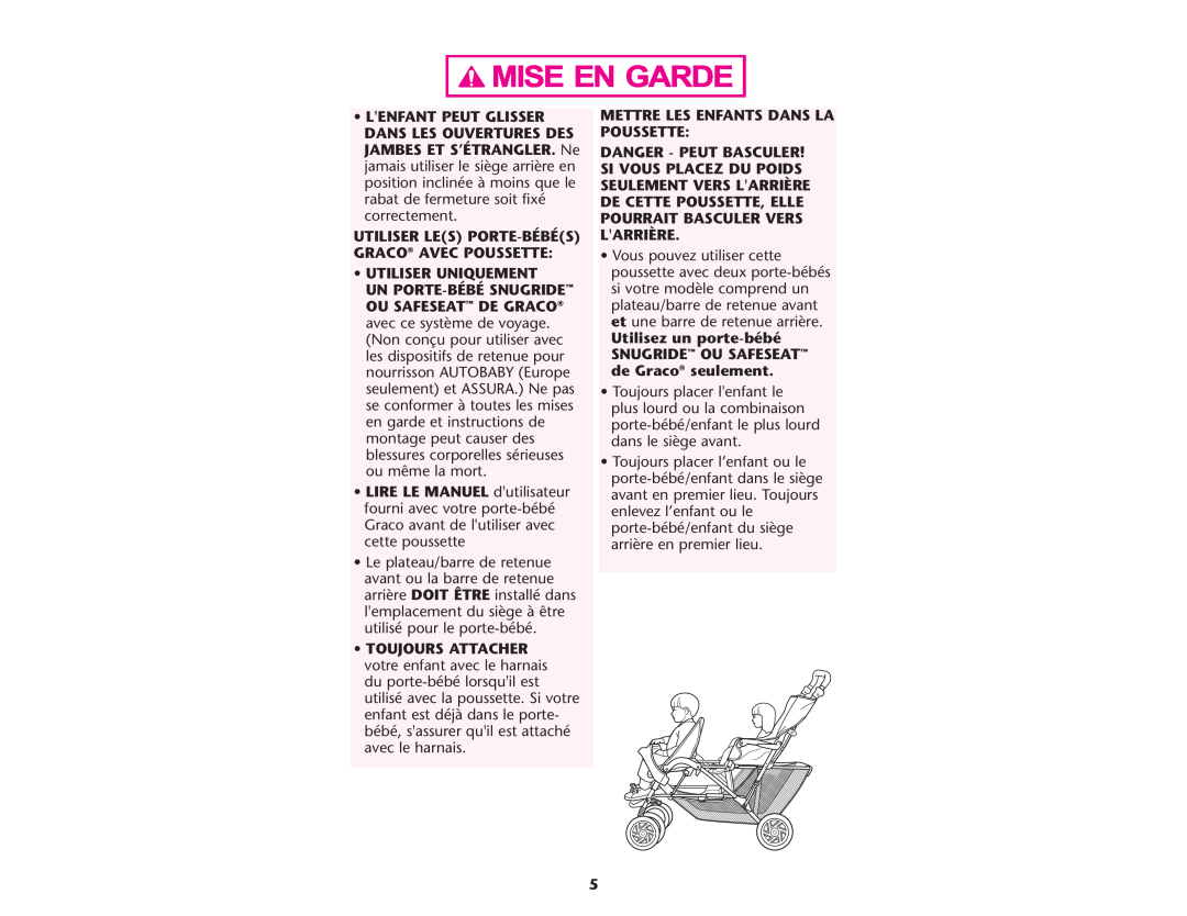 Graco ISPA109AC manual Utiliser Les Porte-Bébés Graco Avec Poussette Utiliser Uniquement 