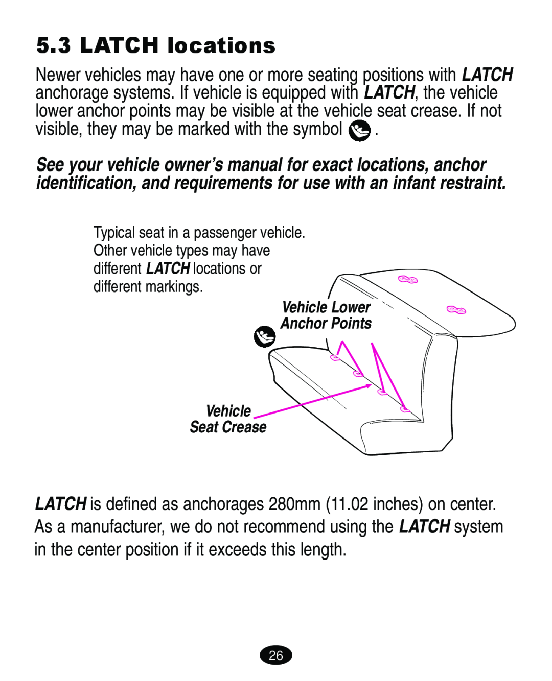 Graco ISPA109AC manual LATCH locations, Vehicle Lower Anchor Points Vehicle Seat Crease 