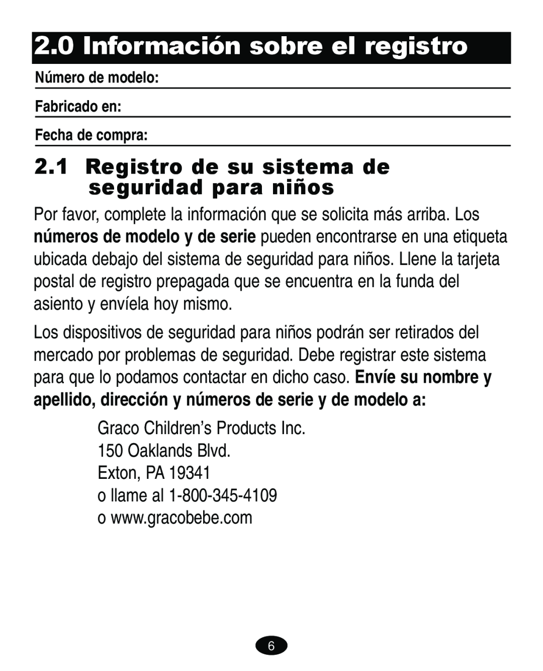 Graco ISPA109AC manual Información sobre el registro, Registro de su sistema de seguridad para niños, Exton, PA 