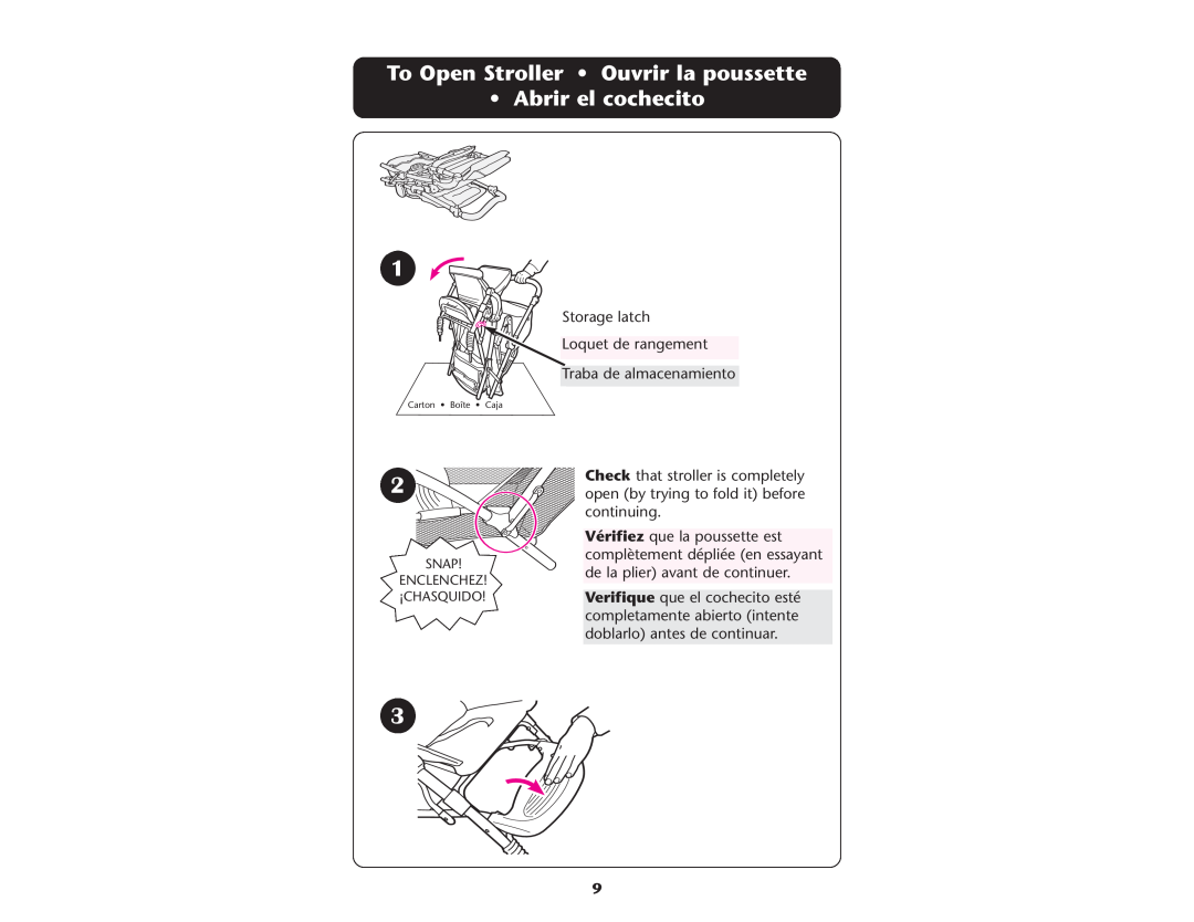 Graco ISPA109AC manual To Open Stroller Ouvrir la poussette Abrir el cochecito 