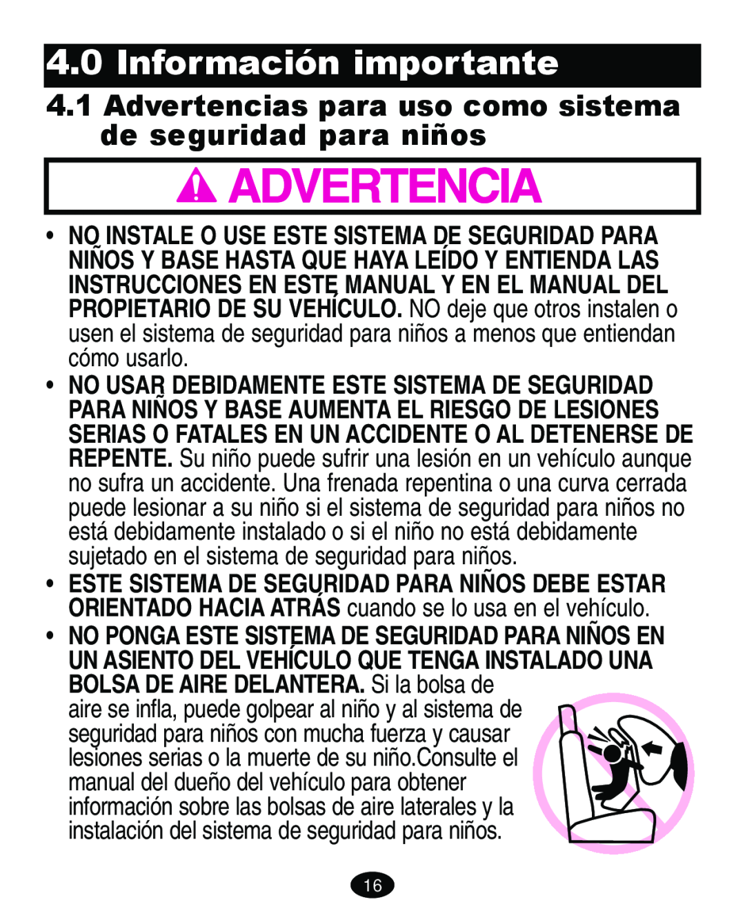 Graco ISPA109AC manual Información importante, Advertencias para uso como sistema de seguridad para niños 