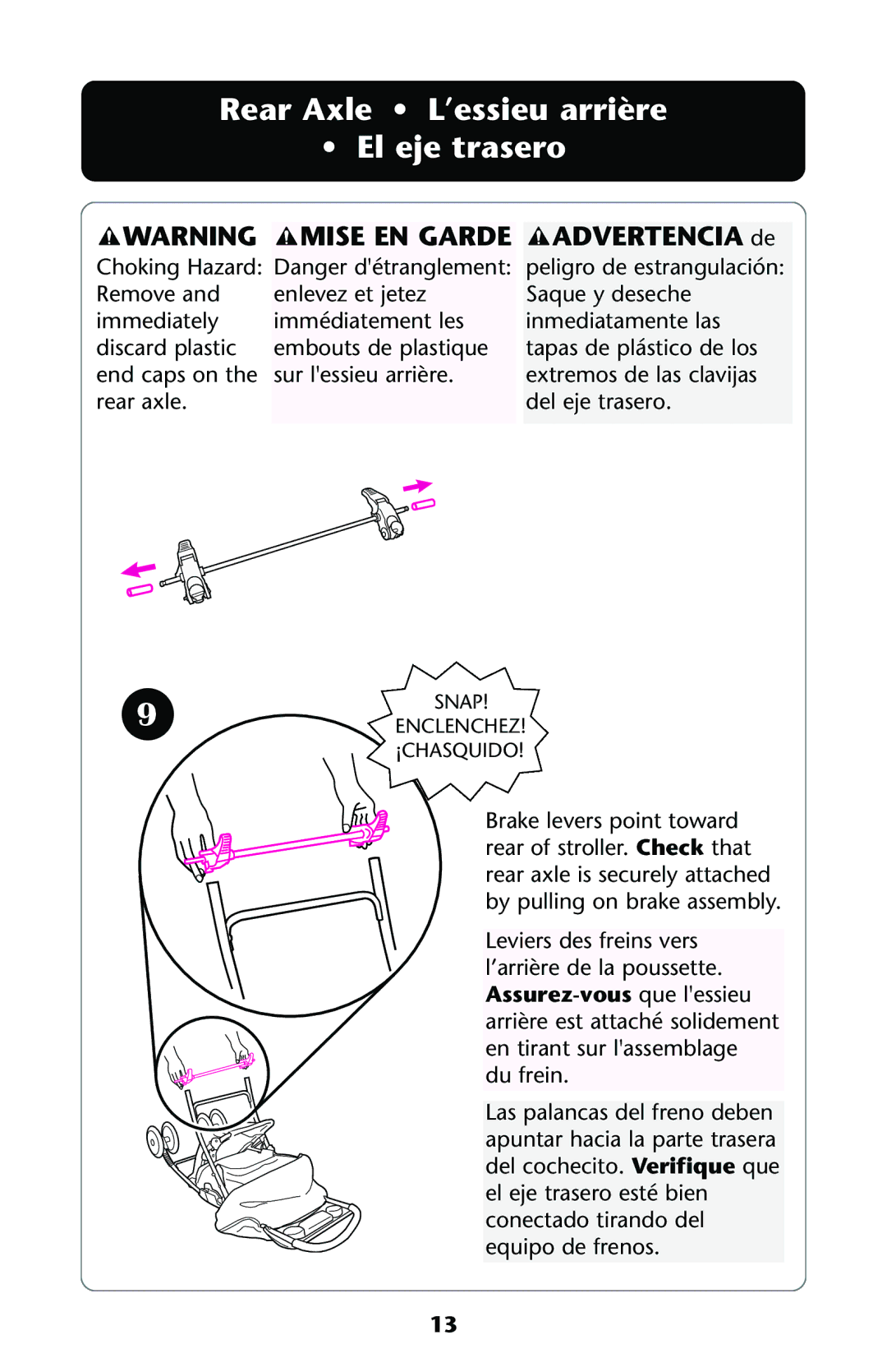 Graco ISPA112AA owner manual Rear Axle L’essieu arrière El eje trasero, Mise EN Garde 