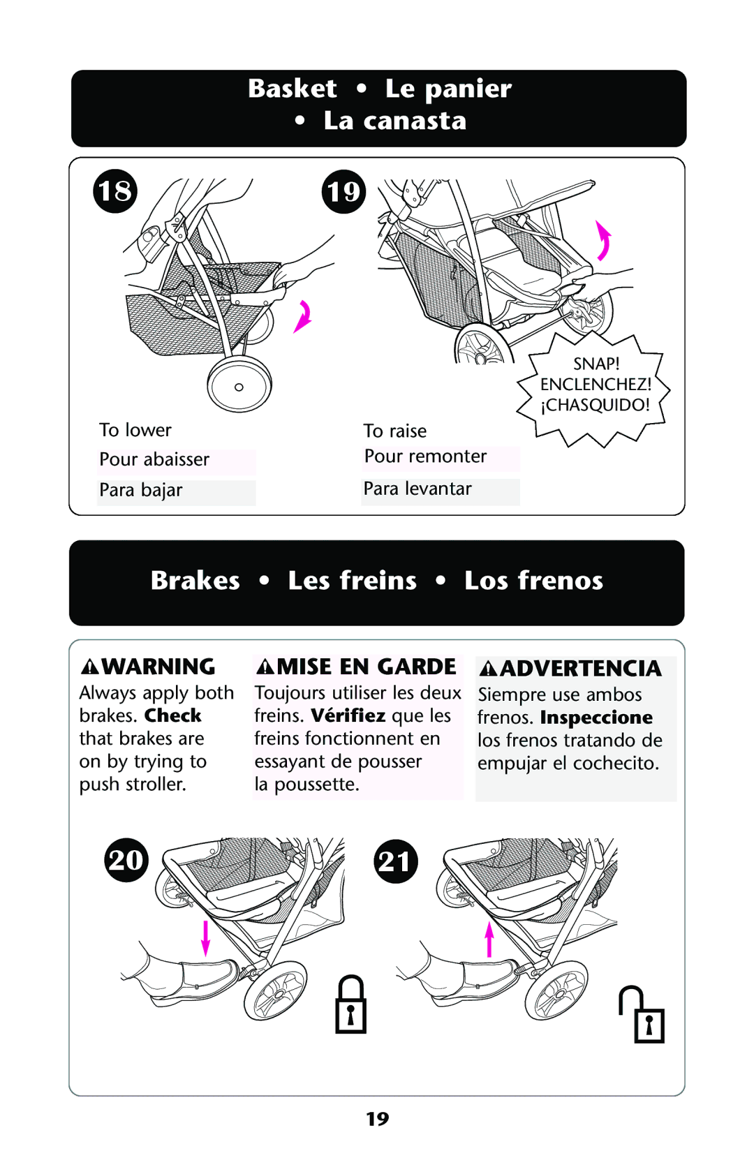 Graco ISPA112AA owner manual Brakes Les freins Los frenos, Advertencia 