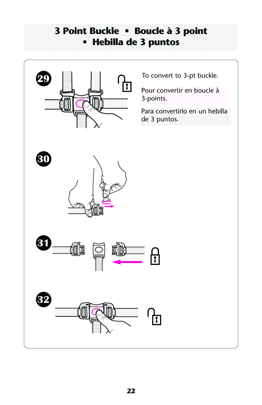 Graco ISPA112AA owner manual Point Buckle Boucle à 3 point Hebilla de 3 puntos 