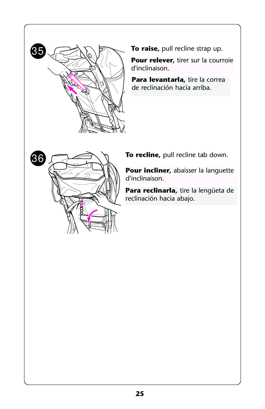 Graco ISPA112AA owner manual Para levantarla, tire la correa de reclinación hacia arriba 