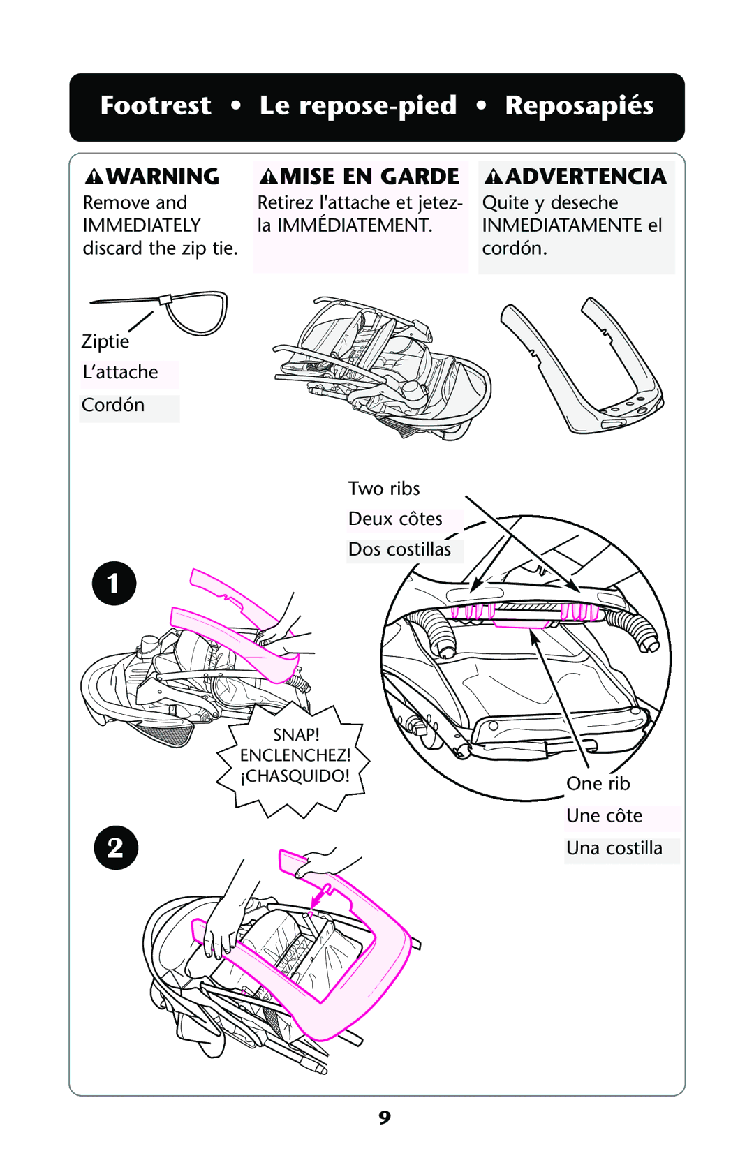 Graco ISPA112AA owner manual Footrest Le repose-pied Reposapiés, Mise EN Garde Advertencia 