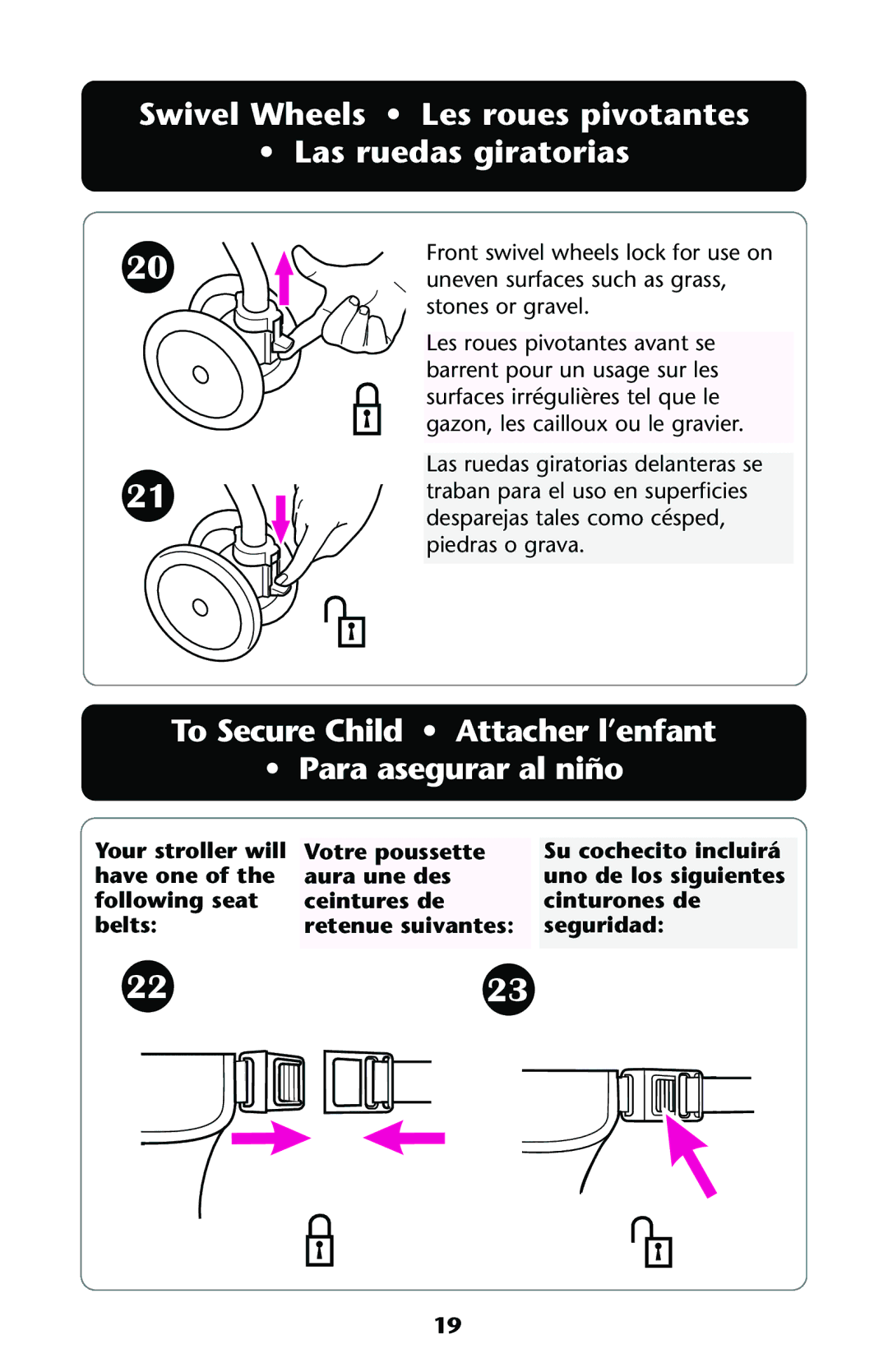 Graco ISPA113AA owner manual Swivel Wheels Les roues pivotantes Las ruedas giratorias 