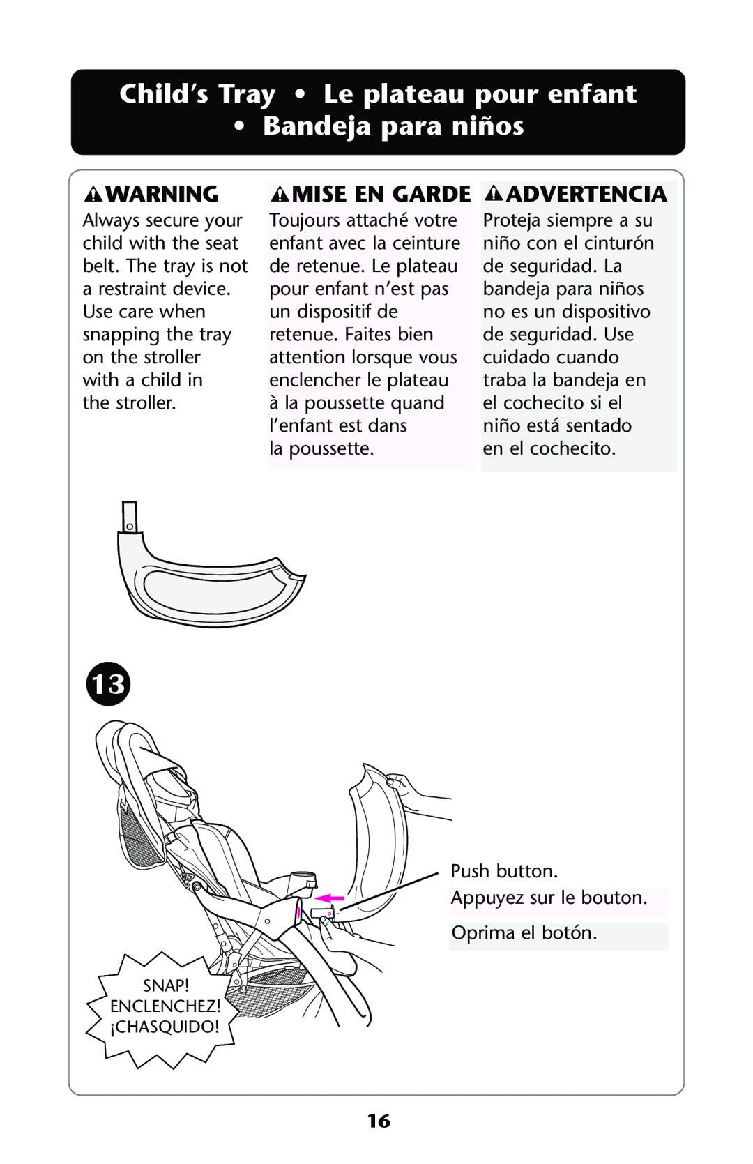 Graco ISPA113AA manual Child’s Tray Le plateau pour enfant Bandeja para niños, Advertencia 