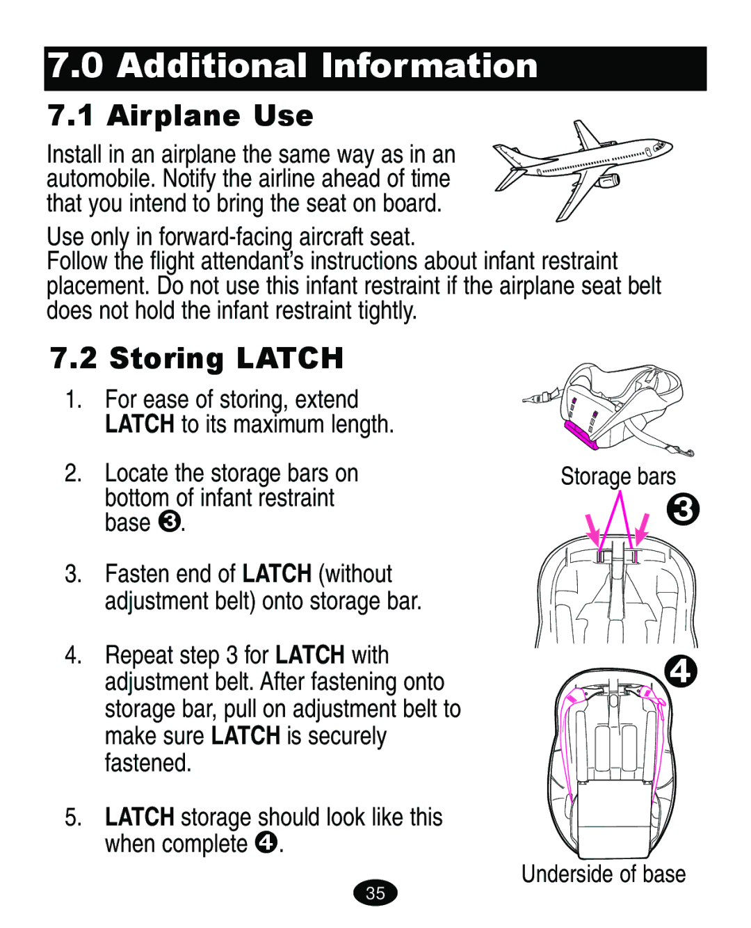 Graco ISPA113AA manual Additional Information, Airplane Use, Storing Latch, Use only in forward-facing aircraft seat 