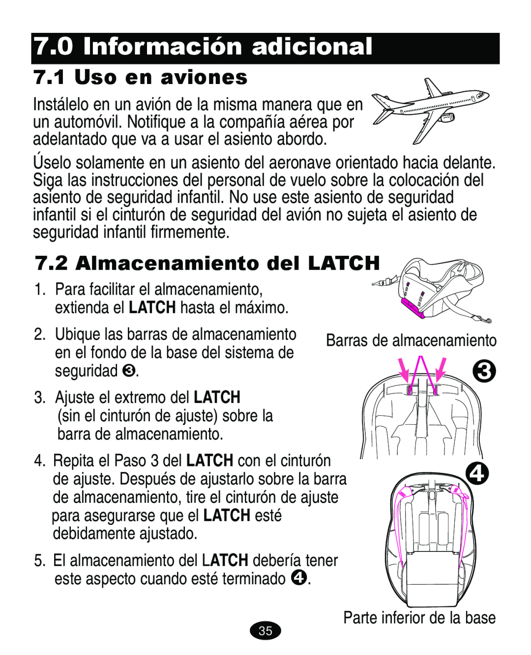 Graco ISPA113AA manual Información adicional, Uso en aviones, Almacenamiento del LATCH 