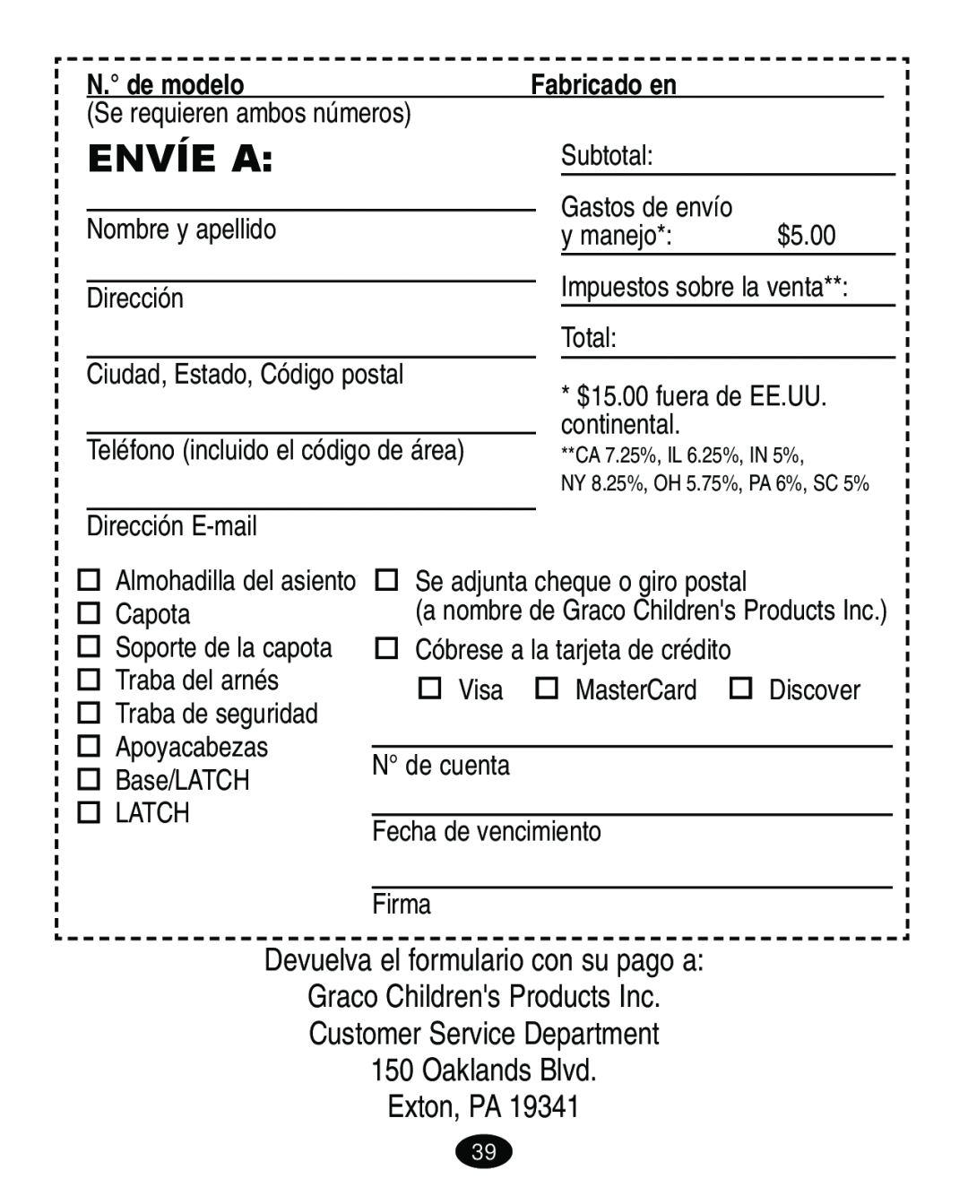 Graco ISPA113AA manual Envíe A, Devuelva el formulario con su pago a, Exton, PA 