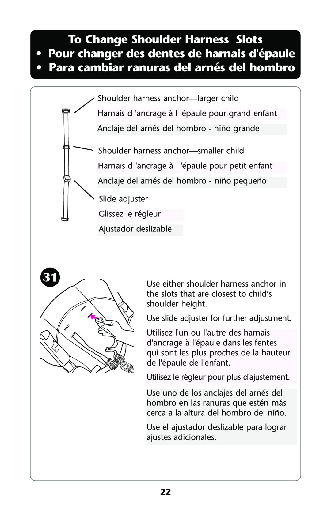 Graco ISPA113AA manual To Change Shoulder Harness Slots, Pour changer des dentes de harnais dépaule 