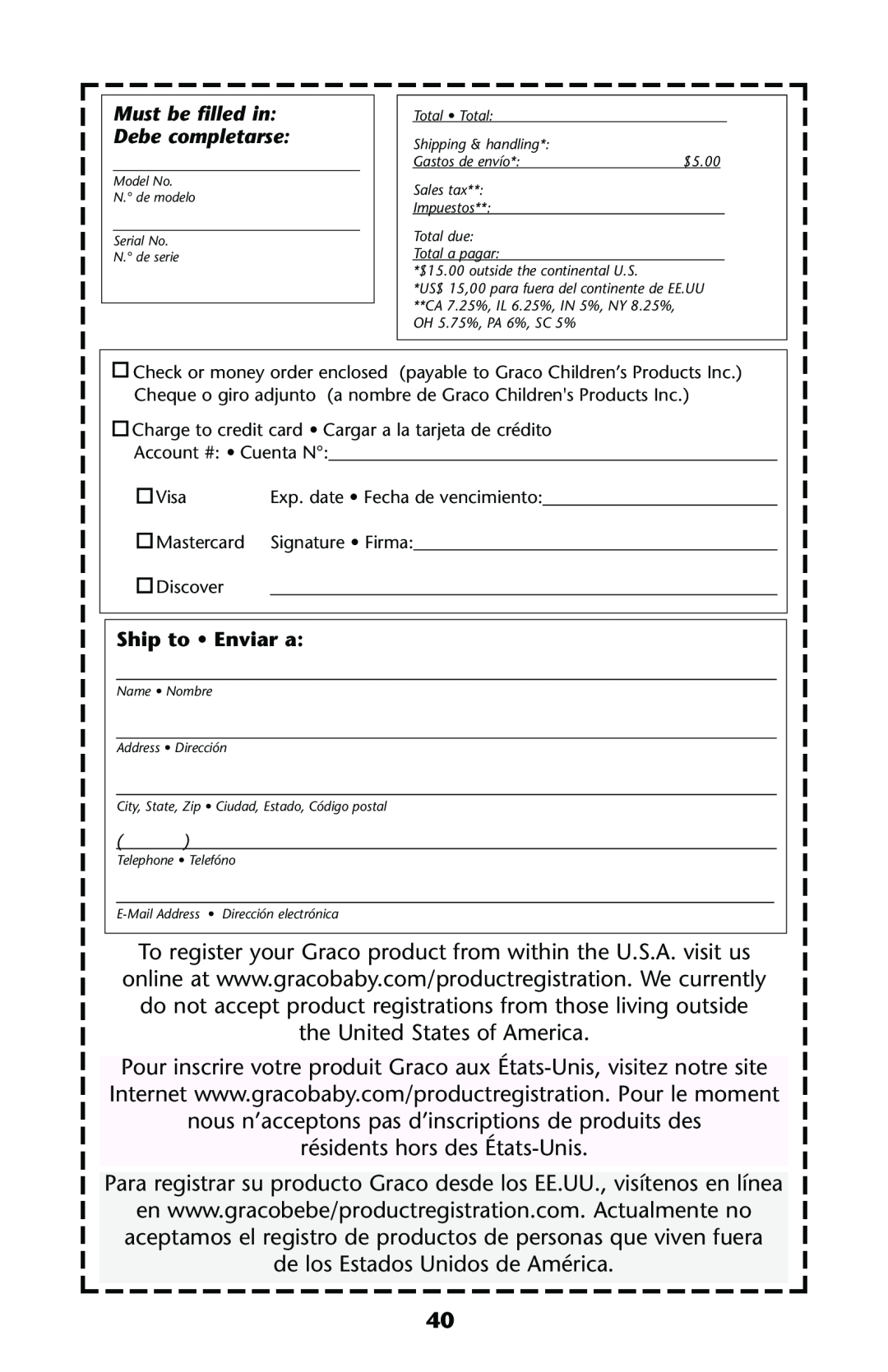 Graco ISPA113AA manual résidents hors des États-Unis, Para registrar su producto Graco desde los EE.UU., visítenos en línea 
