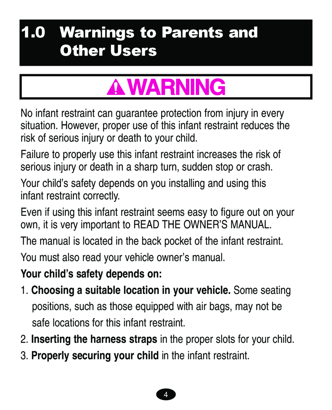 Graco ISPA113AA Warnings to Parents and Other Users, You must also read your vehicle owner’s manual 