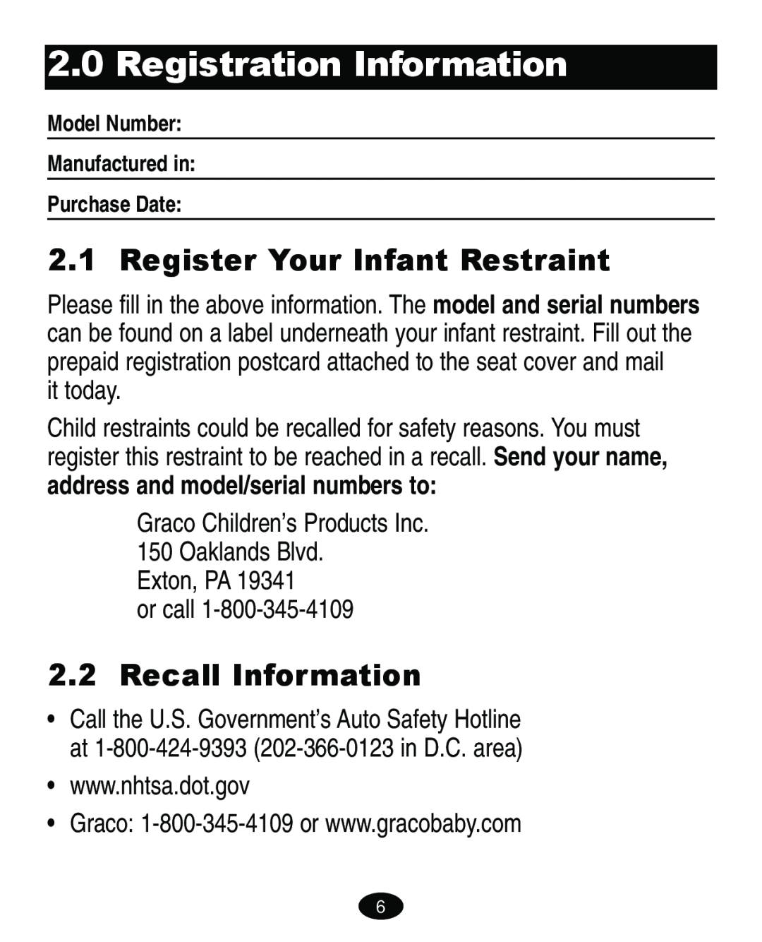 Graco ISPA113AA Registration Information, Register Your Infant Restraint, Recall Information, it today, Exton, PA or call 