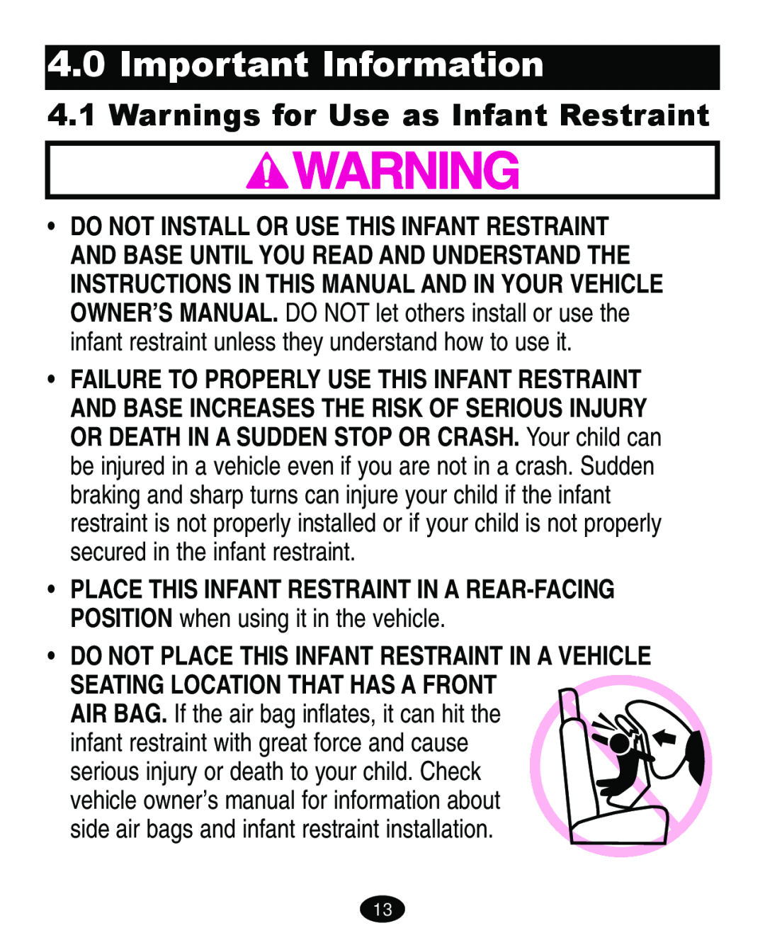 Graco ISPA113AA manual Important Information, Warnings for Use as Infant Restraint 