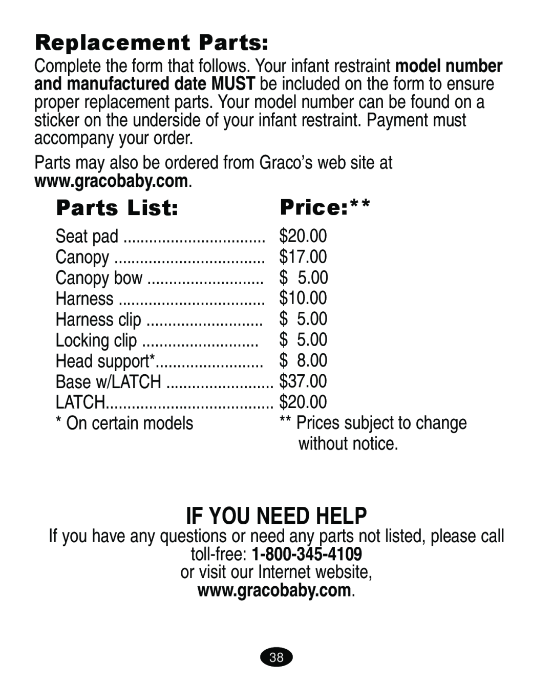 Graco ISPA113AA If You Need Help, Replacement Parts, Parts List, Price, 5.00, 8.00, On certain models, without notice 