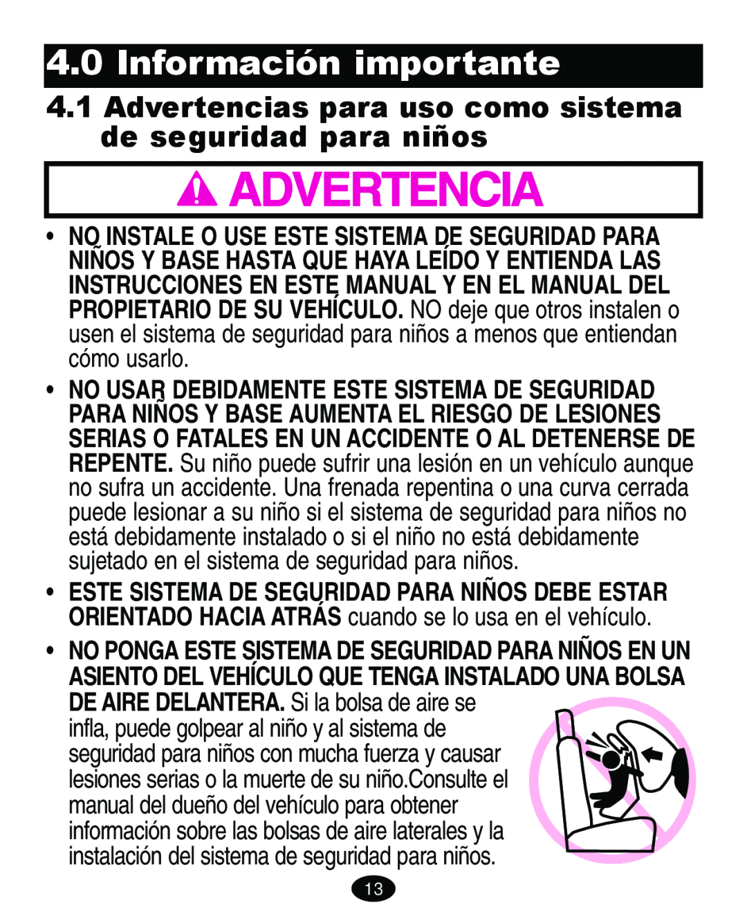 Graco ISPA113AA manual Información importante, Advertencias para uso como sistema de seguridad para niños 