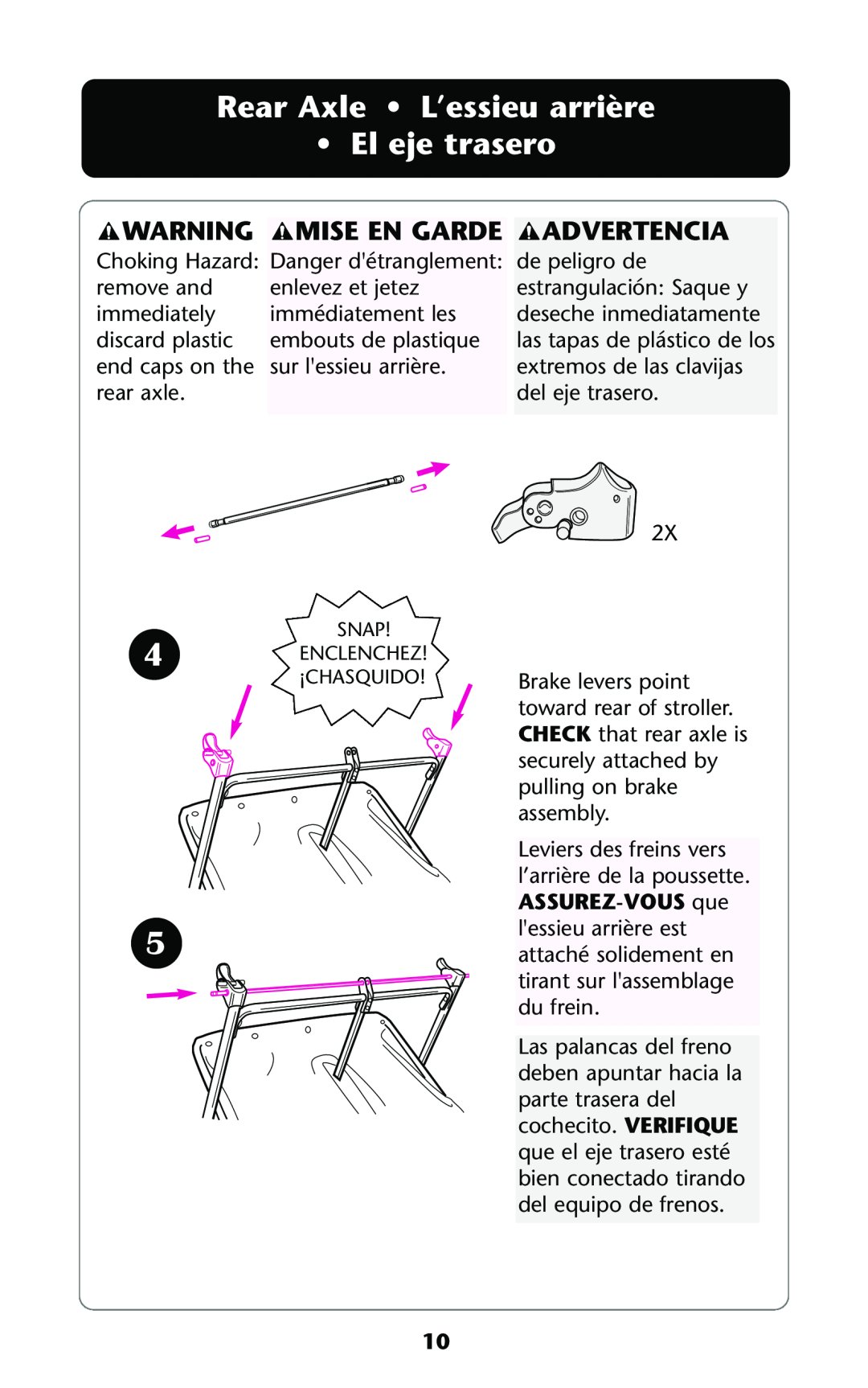 Graco ISPA114AB manual Rear Axle L’essieu arrière El eje trasero, Mise En Garde, Advertencia, ASSUREZ-VOUS que 