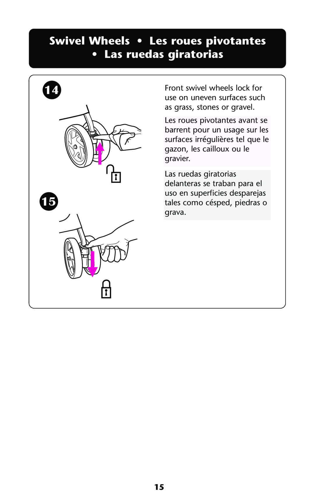 Graco ISPA114AB manual Swivel Wheels Les roues pivotantes Las ruedas giratorias 