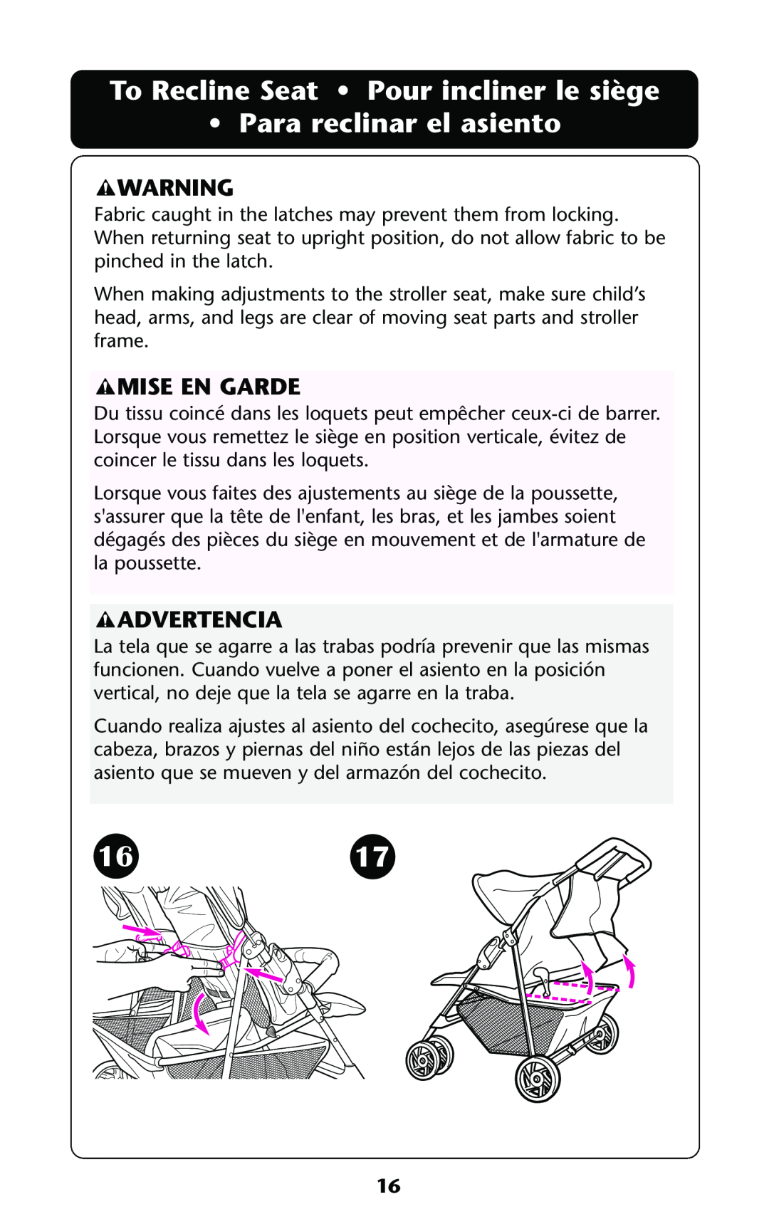 Graco ISPA114AB manual 1617, To Recline Seat Pour incliner le siège Para reclinar el asiento, Mise En Garde, Advertencia 