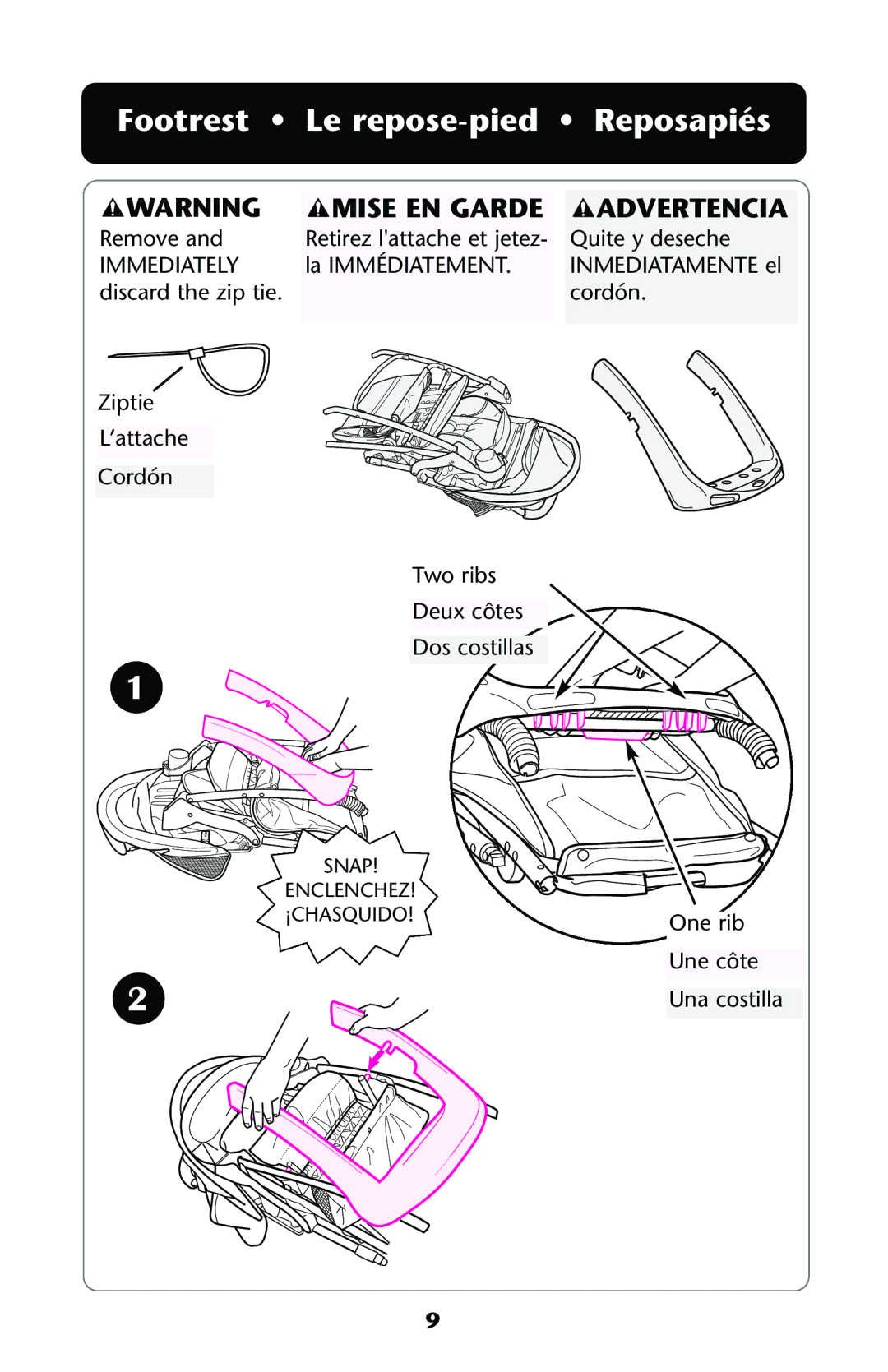 Graco ISPA118AA owner manual Footrest Le repose-pied Reposapiés, Mise EN Garde Advertencia 