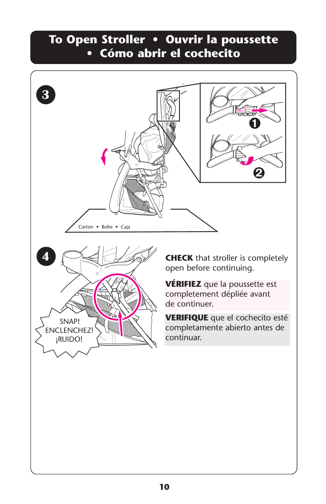 Graco ISPA118AC manual To Open Stroller Ouvrir la poussette Cómo abrir el cochecito 