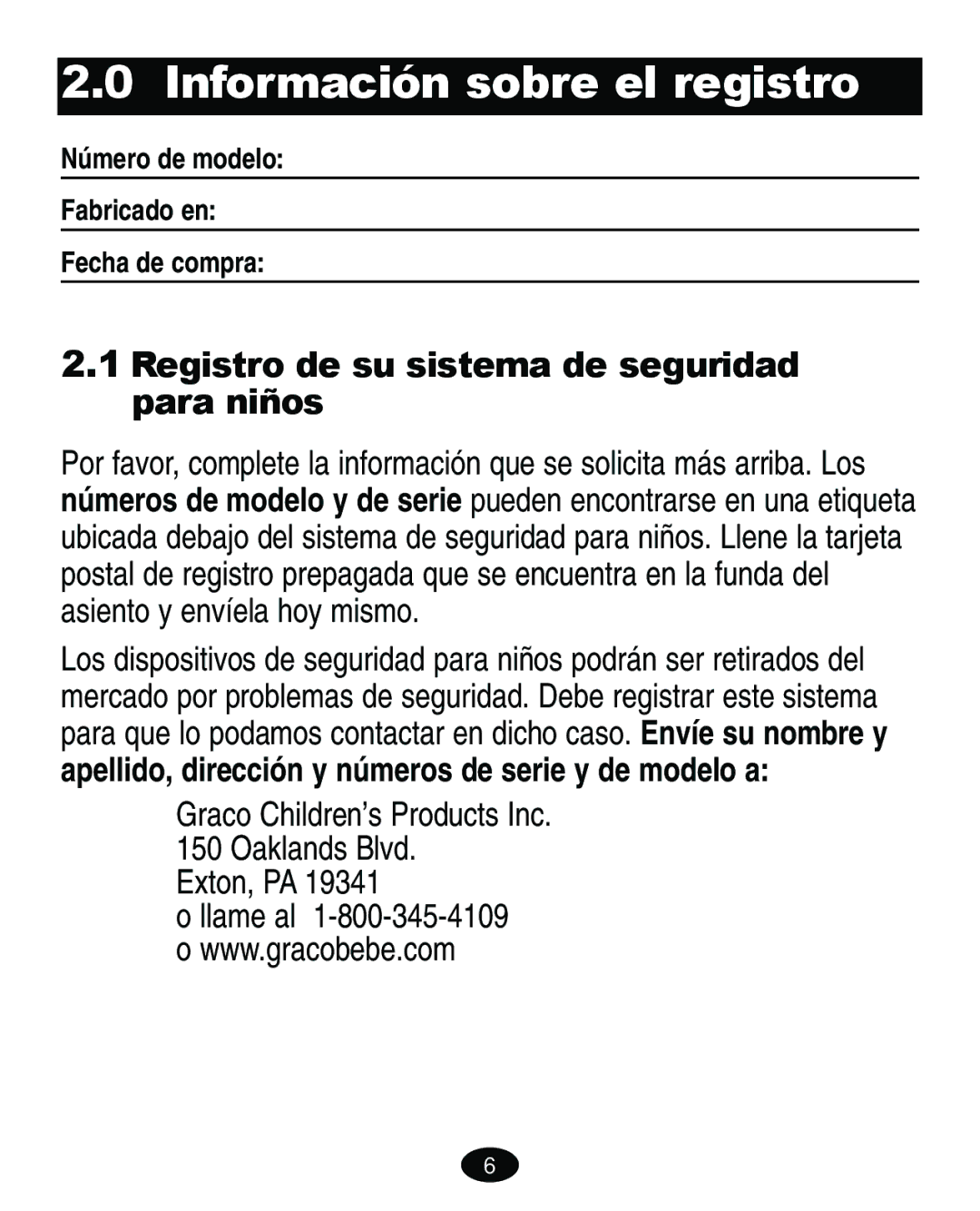 Graco ISPA118AC manual Información sobre el registro, Graco Children’s Products Inc 