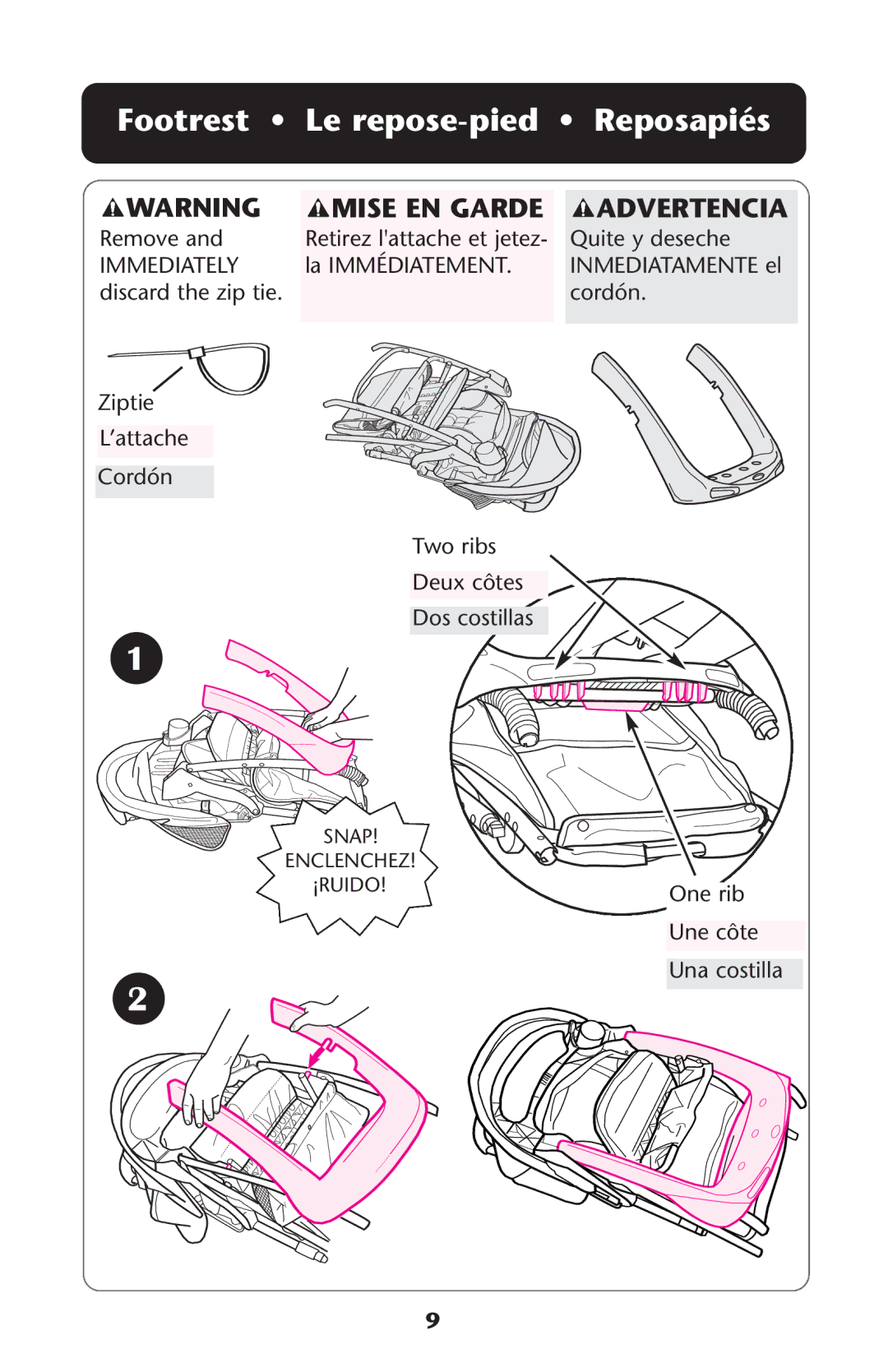 Graco ISPA118AC manual Footrest Le repose-pied Reposapiés, Mise EN Garde Advertencia 