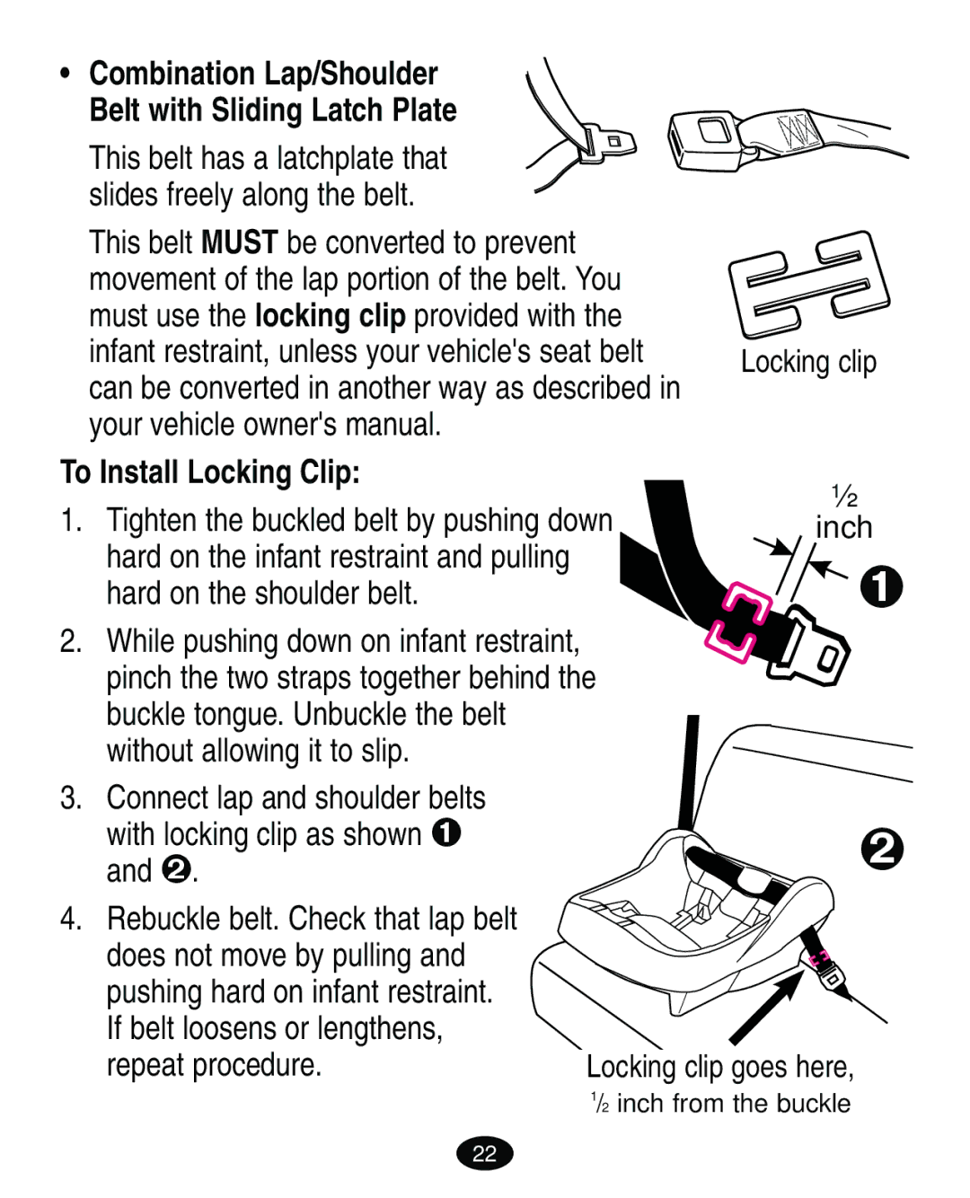 Graco ISPA119AB owner manual Belt with Sliding Latch Plate, To Install Locking Clip 