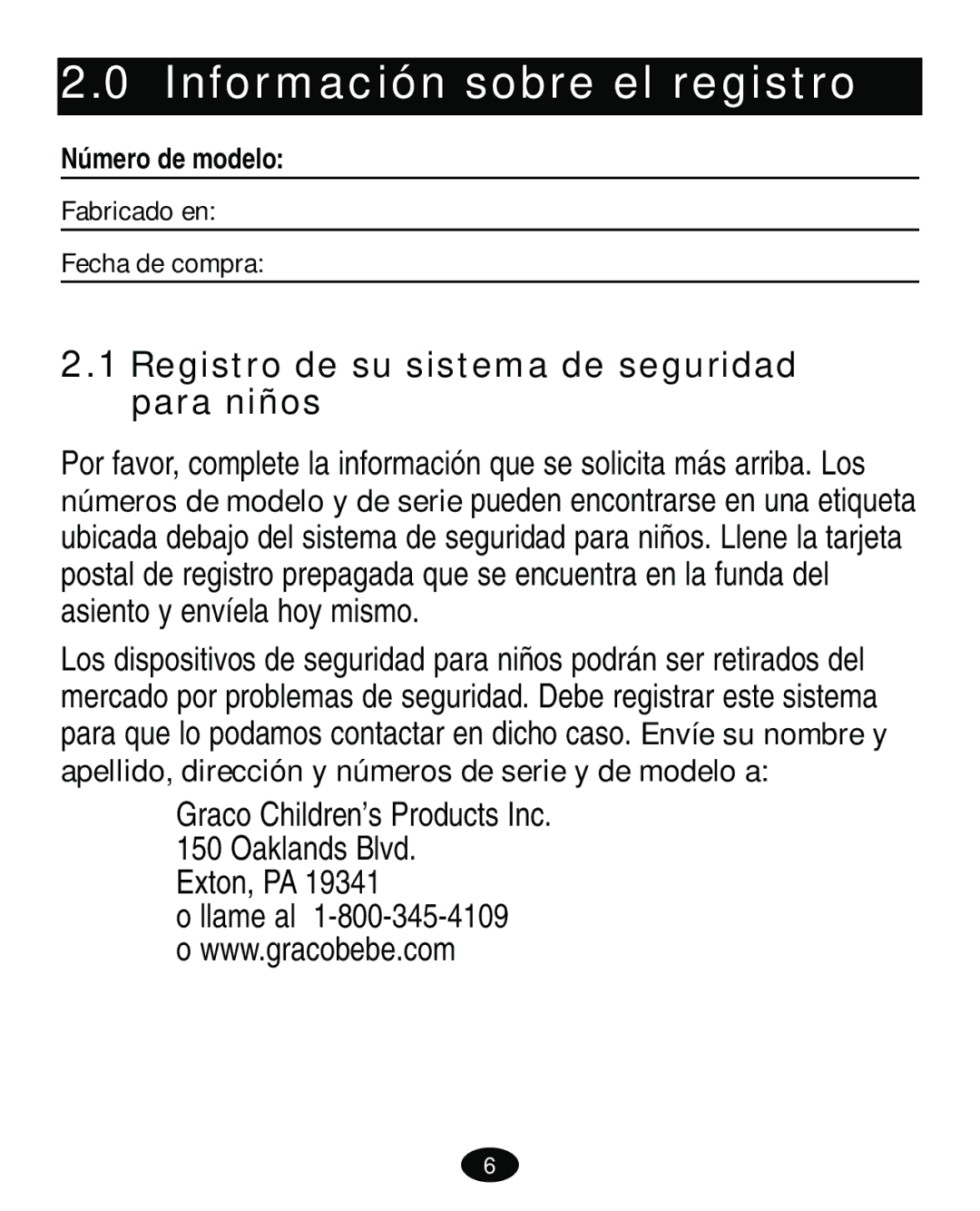 Graco ISPA119AB owner manual Información sobre el registro, Graco Children’s Products Inc 