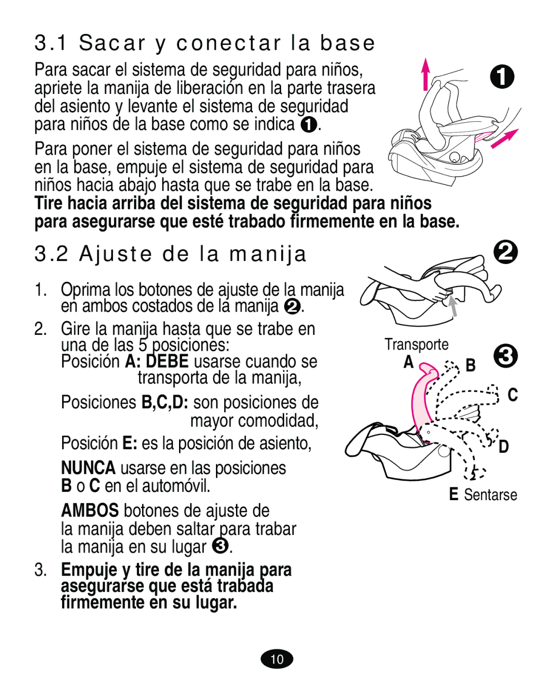 Graco ISPA119AB owner manual Sacar y conectar la base, Ajuste de la manija, Ambos botones de ajuste de 