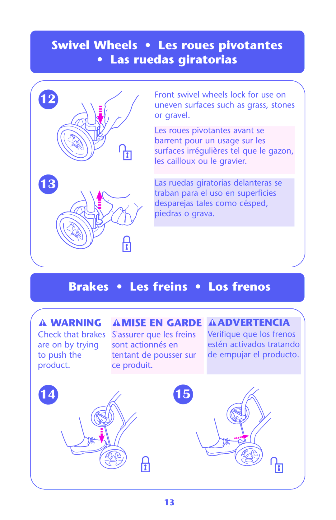 Graco ISPA122AB manual Swivel Wheels Les roues pivotantes Las ruedas giratorias, Brakes Les freins Los frenos 