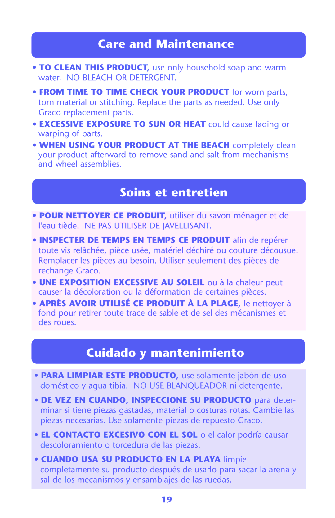 Graco ISPA122AB manual Care and Maintenance, Soins et entretien, Cuidado y mantenimiento 