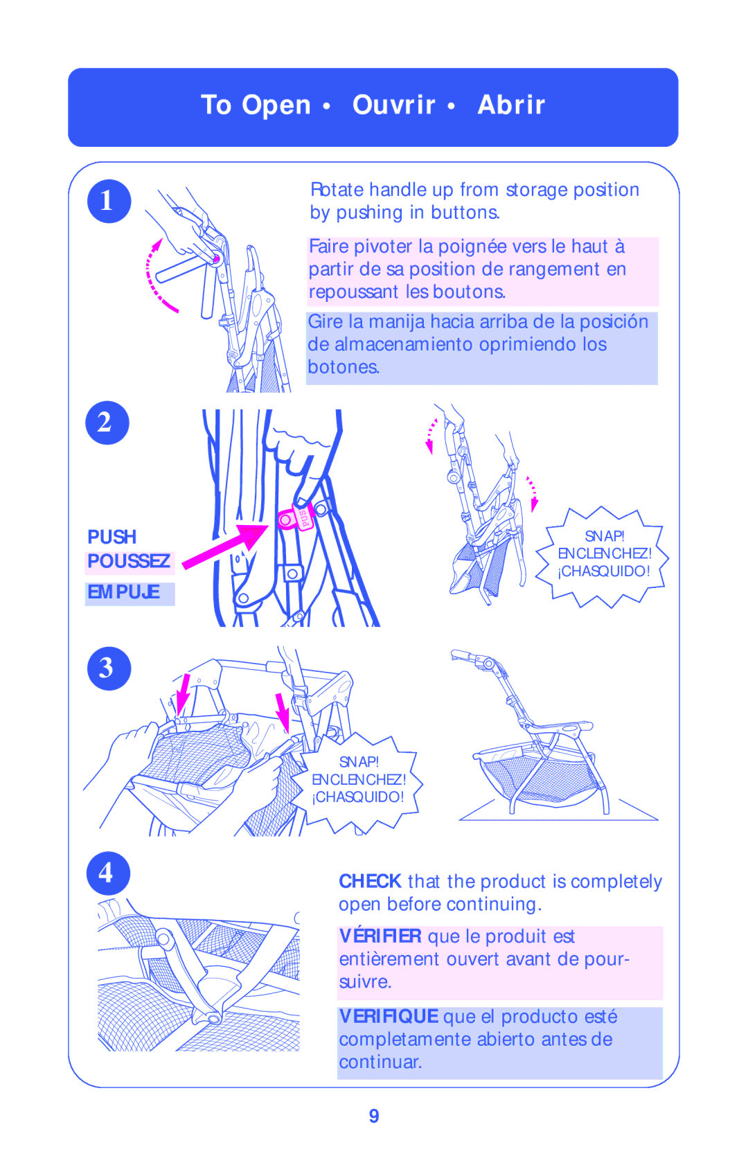 Graco ISPA122AE owner manual To Open Ouvrir Abrir, Push Poussez Empuje 