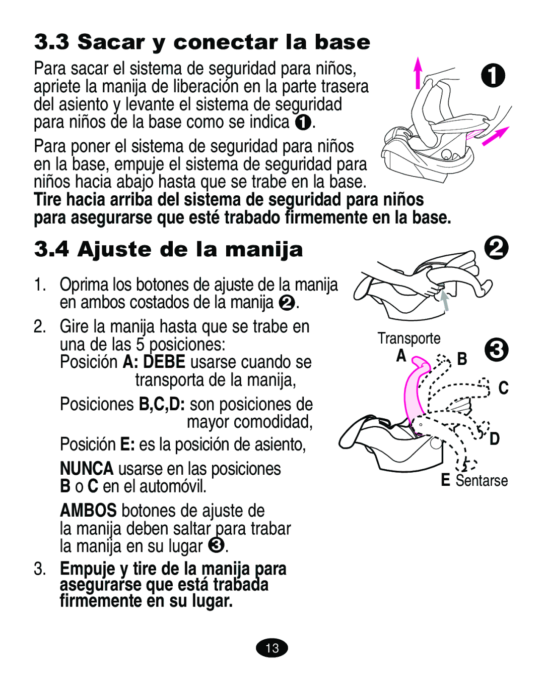 Graco ISPA135AB manual Sacar y conectar la base, Ajuste de la manija, Ambos botones de ajuste de 