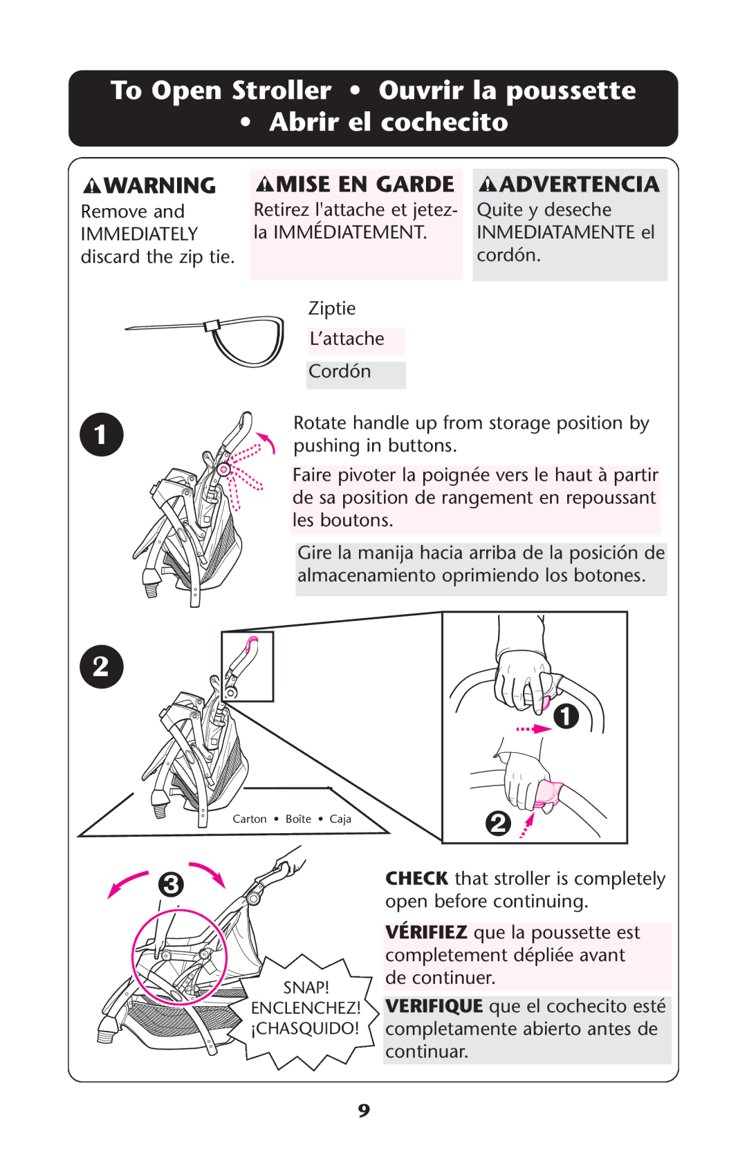 Graco ISPA135AB manual To Open Stroller Ouvrir la poussette Abrir el cochecito 