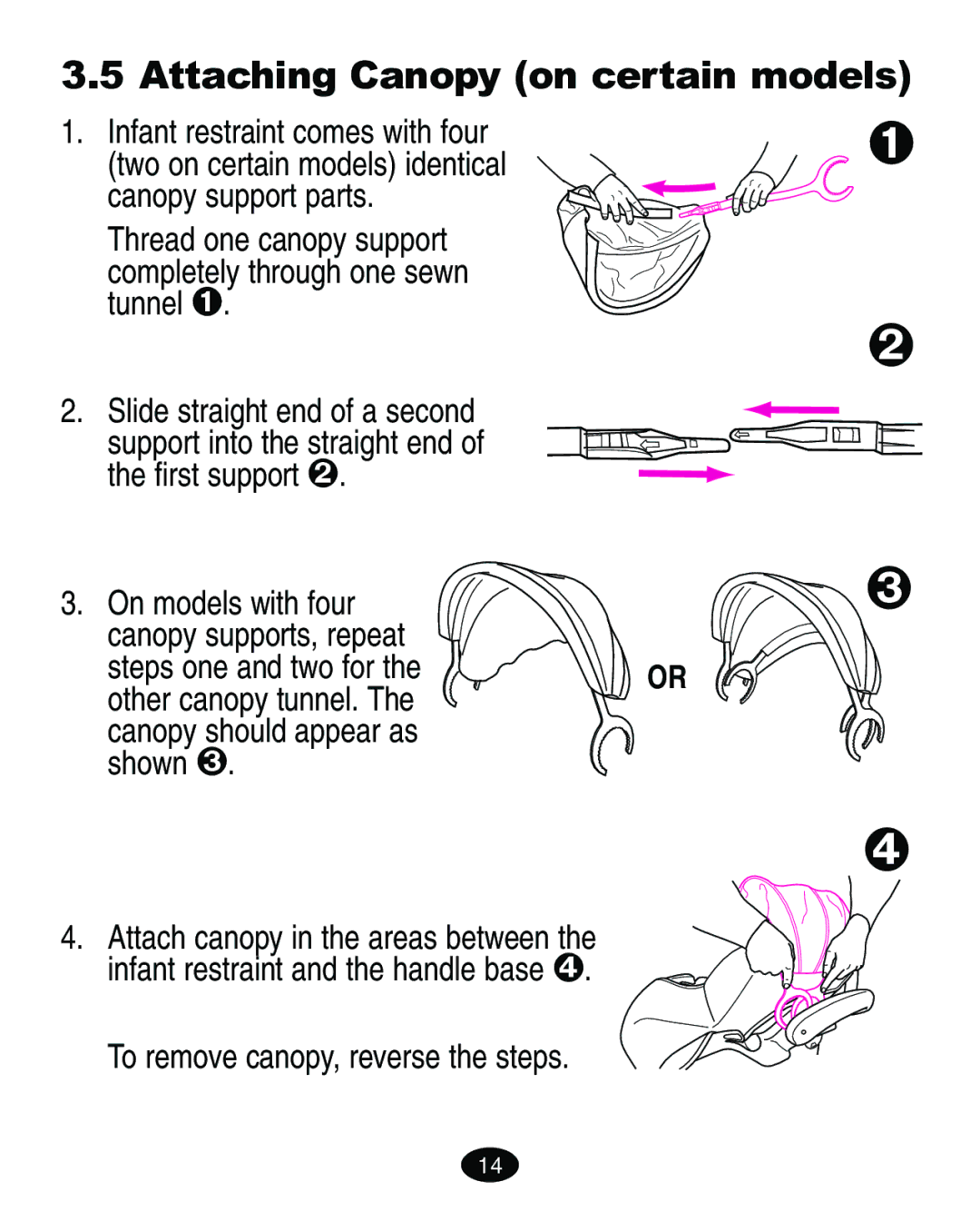 Graco ISPA135AB manual Attaching Canopy on certain models, Canopy support parts, To remove canopy, reverse the steps 