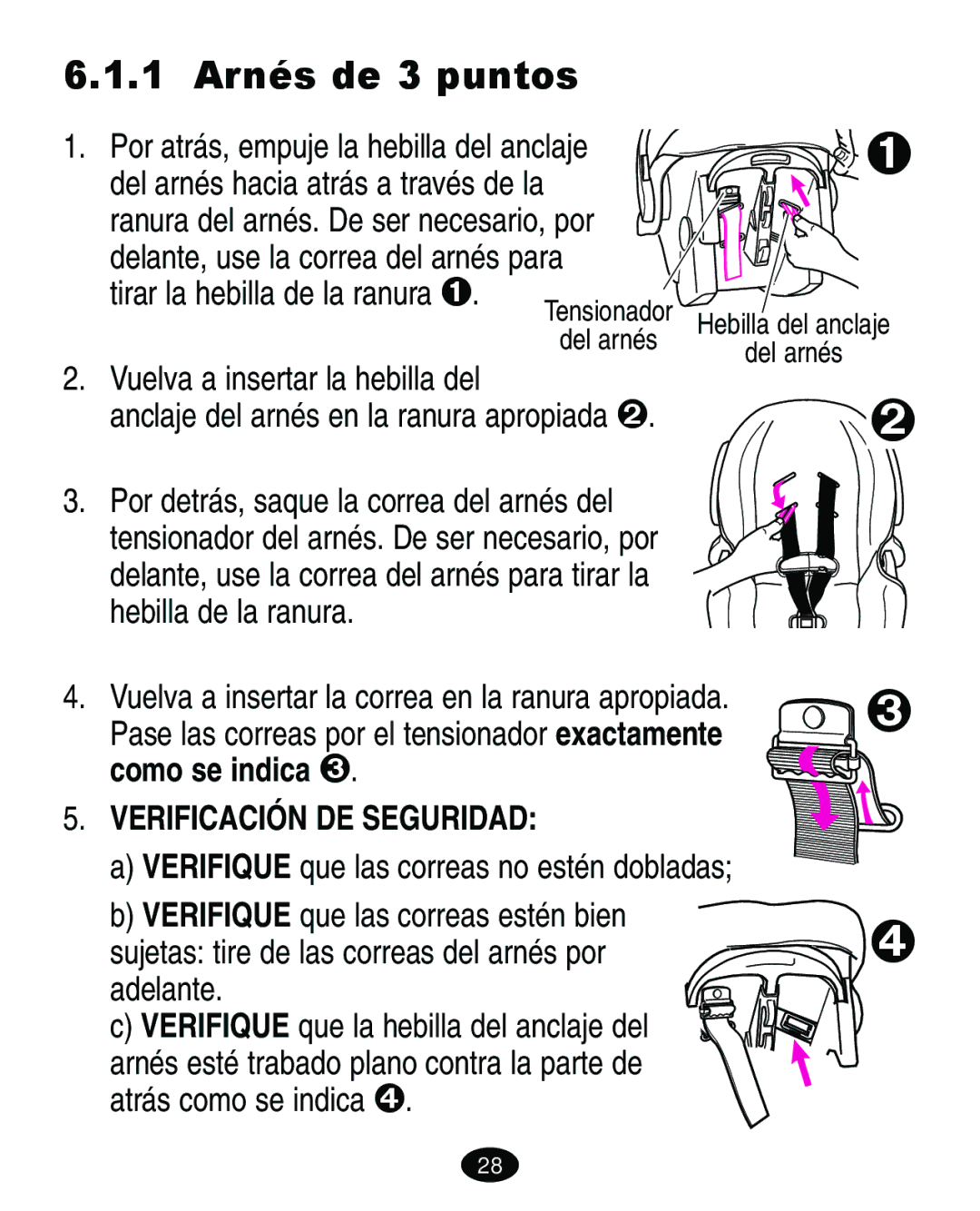 Graco ISPA144AA manual 1 Arnés de 3 puntos, Tirar la hebilla de la ranura, Verificación DE Seguridad 