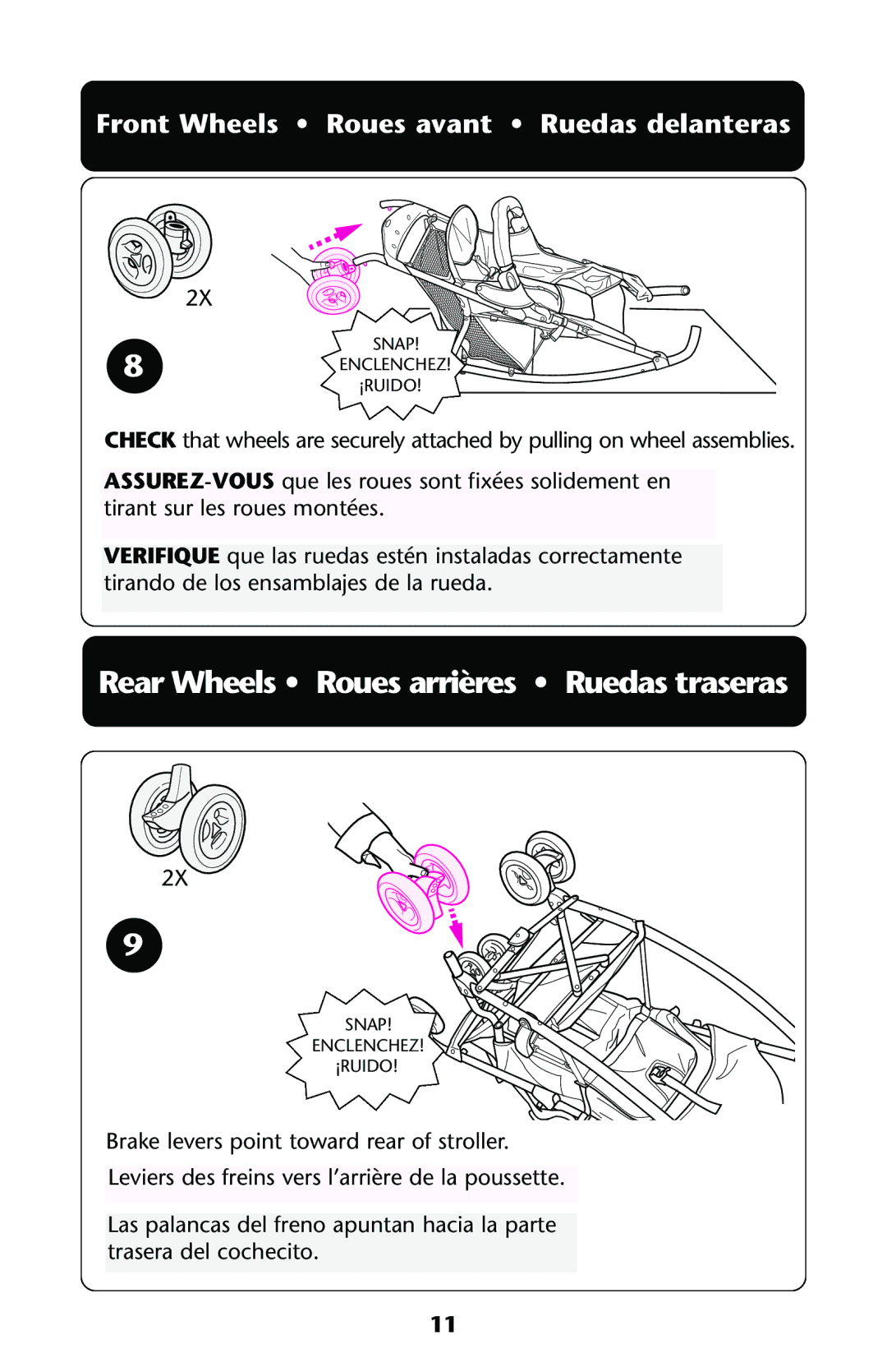 Graco ISPA144AA manual Rear Wheels Roues arrières Ruedas traseras, Front Wheels Roues avant Ruedas delanteras 