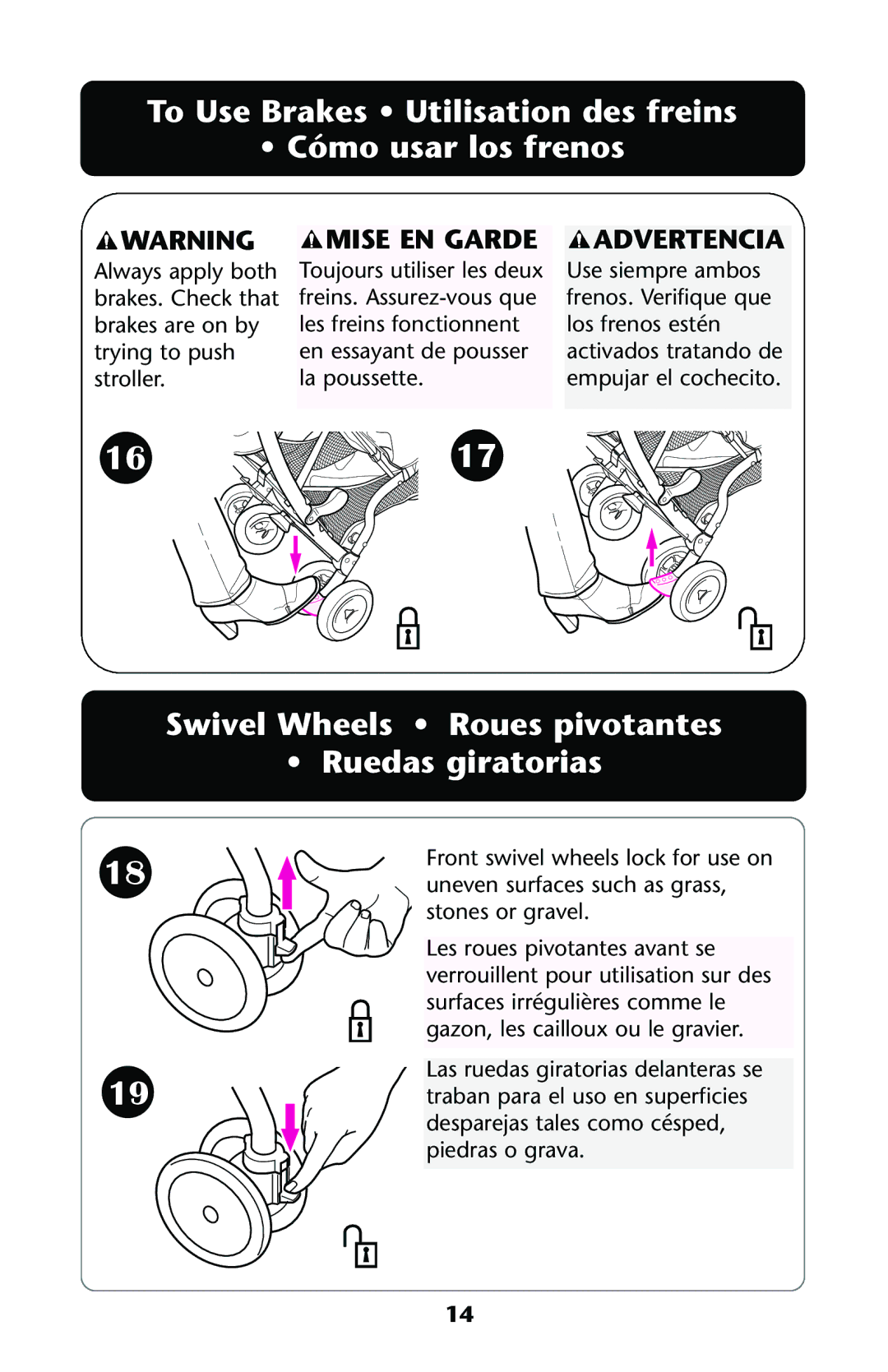 Graco ISPA144AA manual To Use Brakes Utilisation des freins Cómo usar los frenos 