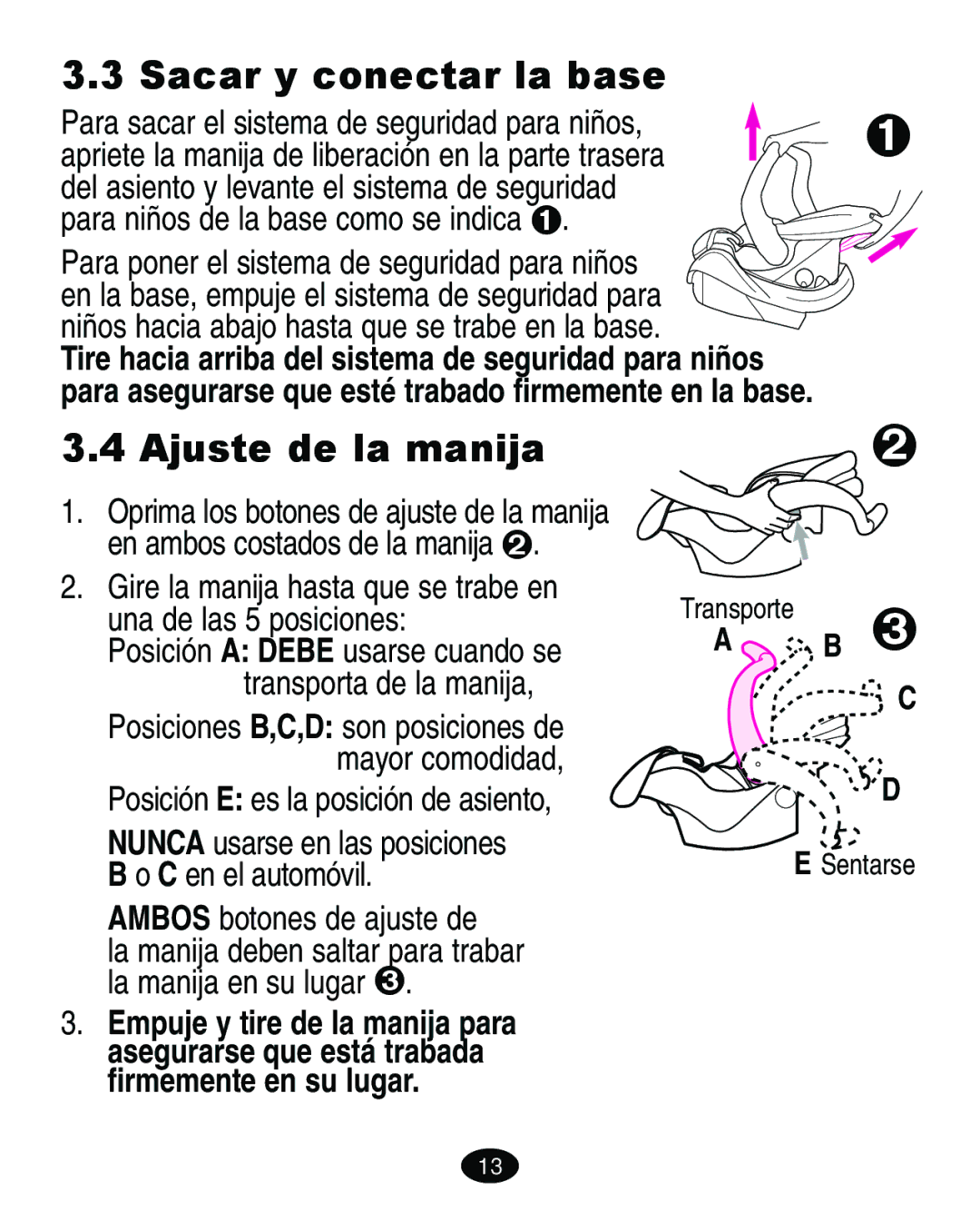 Graco ISPA144AA manual Sacar y conectar la base, Ajuste de la manija, Ambos botones de ajuste de 