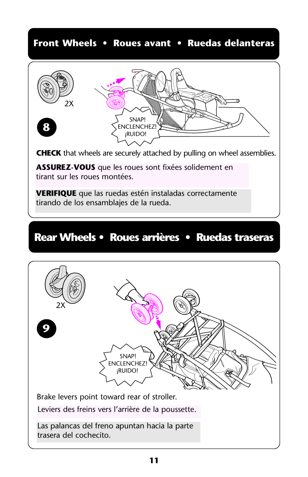 Graco ISPA144AB manual Rear Wheels Roues arrières Ruedas traseras, Front Wheels Roues avant Ruedas delanteras 