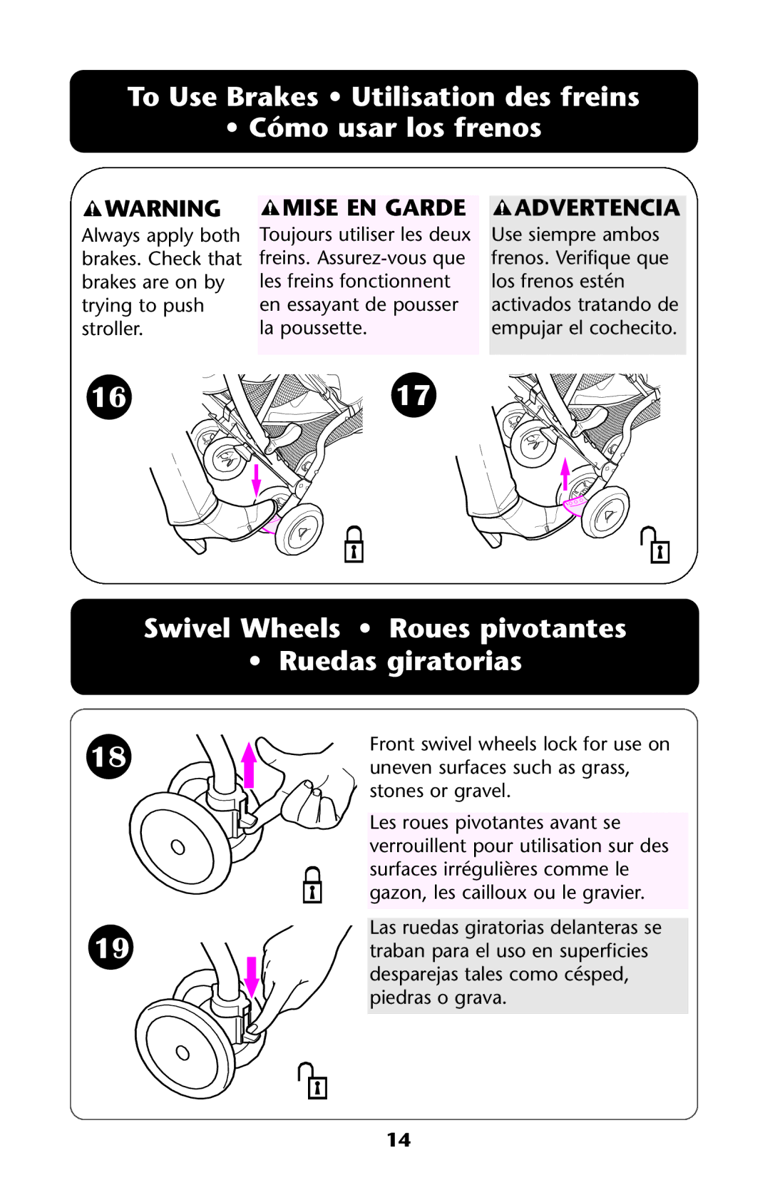 Graco ISPA144AB manual To Use Brakes Utilisation des freins Cómo usar los frenos 