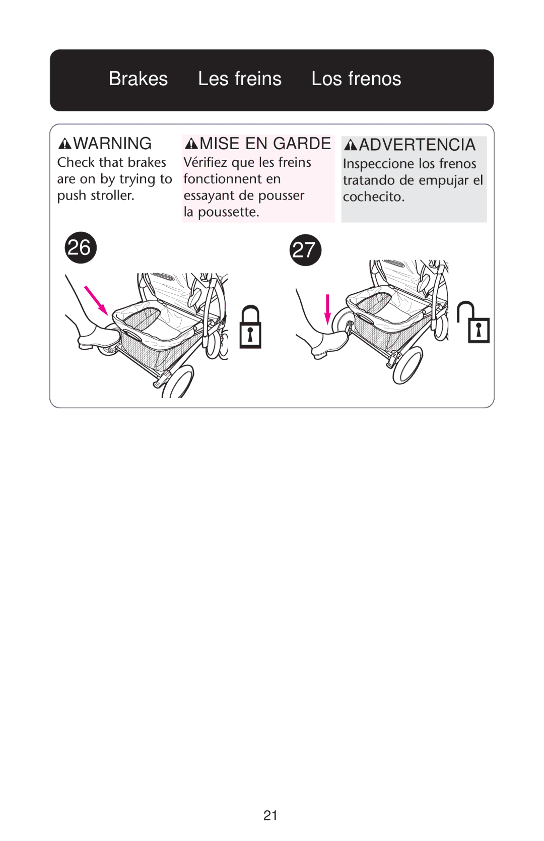 Graco ISPA162AB manual Brakes Les freins Los frenos, Mise EN Garde Advertencia 