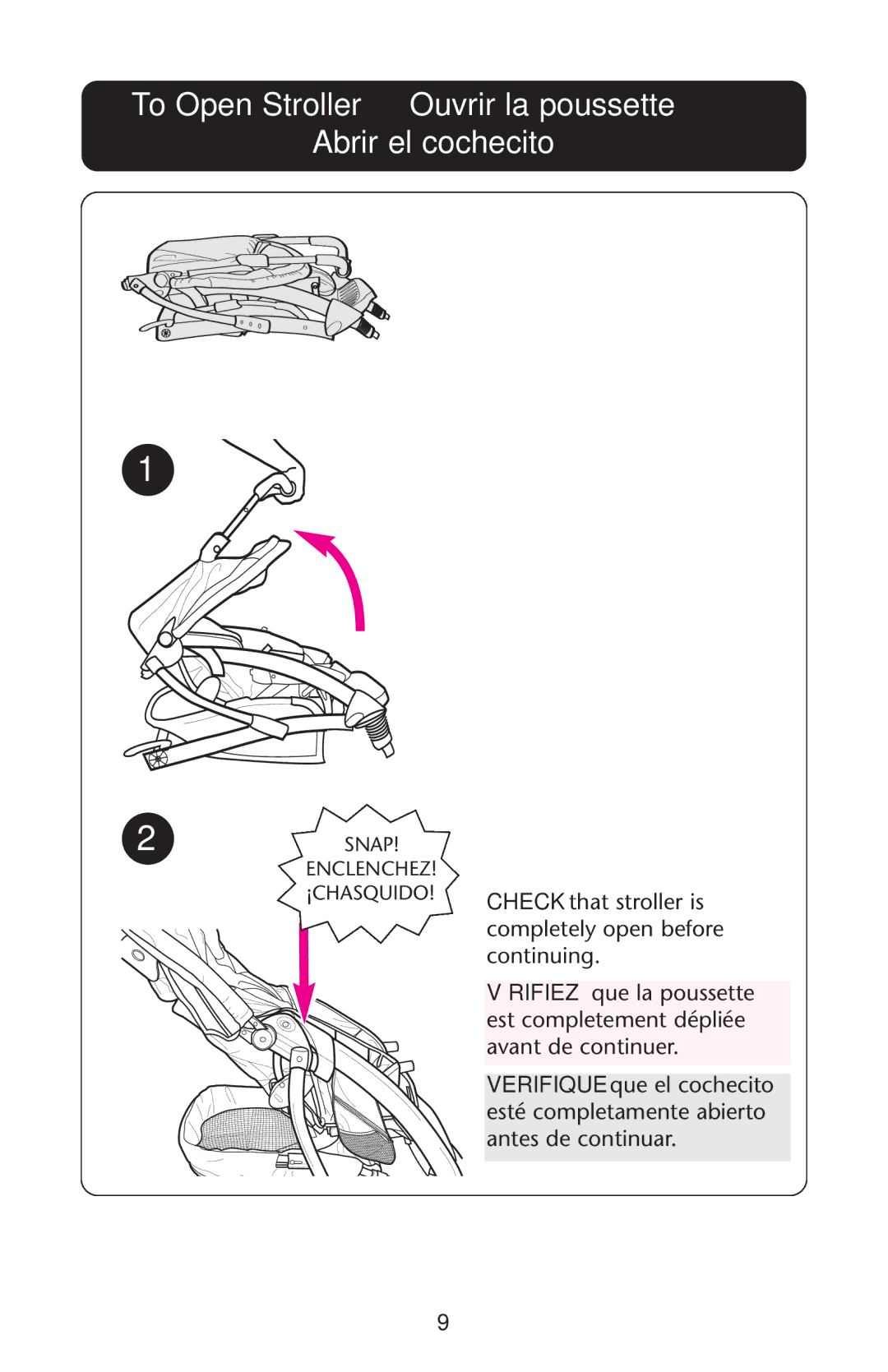 Graco ISPA162AB manual To Open Stroller Ouvrir la poussette Abrir el cochecito 