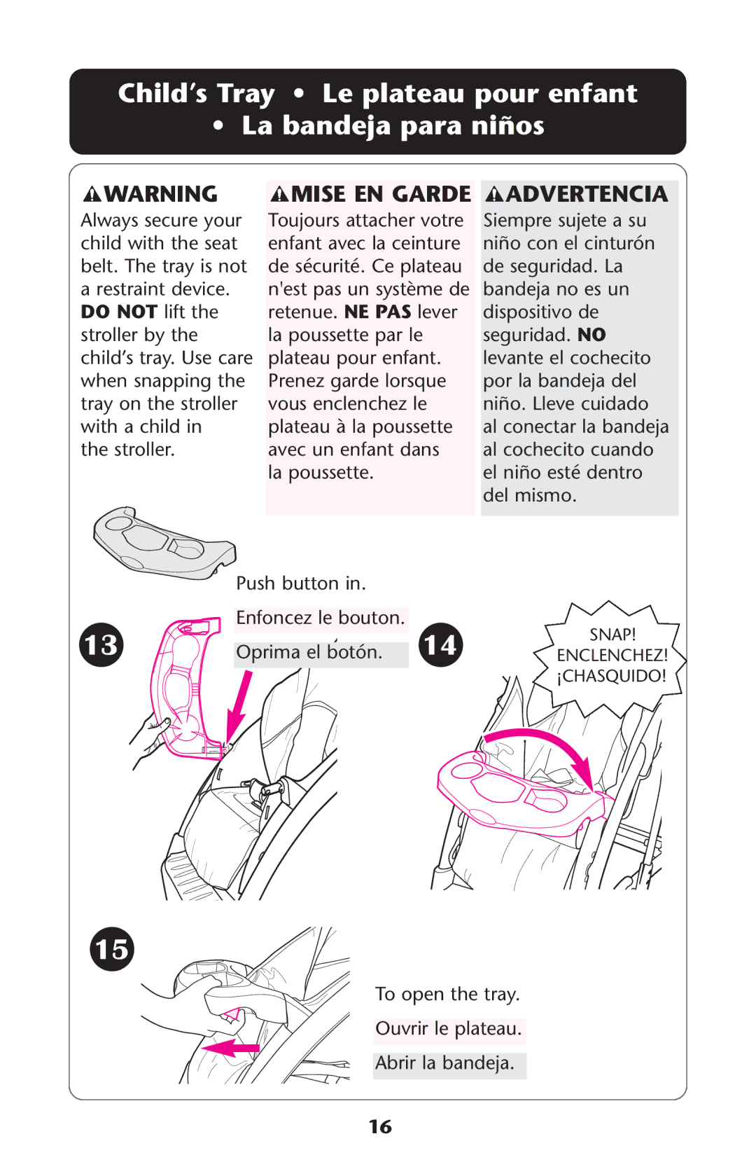 Graco ISPA173AA 08/05 manual Child’s Tray Le plateau pour enfant La bandeja para niños, Mise EN Garde Advertencia 