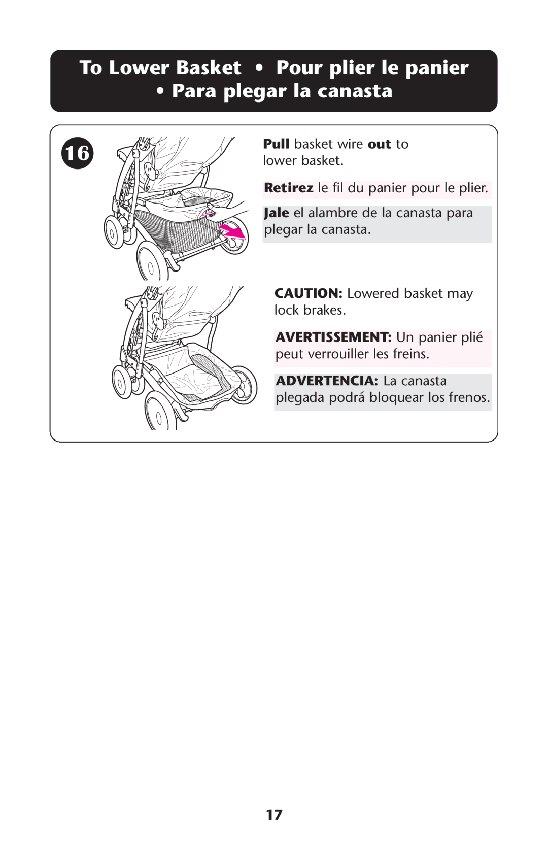 Graco ISPA173AA 08/05 manual To Lower Basket Pour plier le panier Para plegar la canasta 