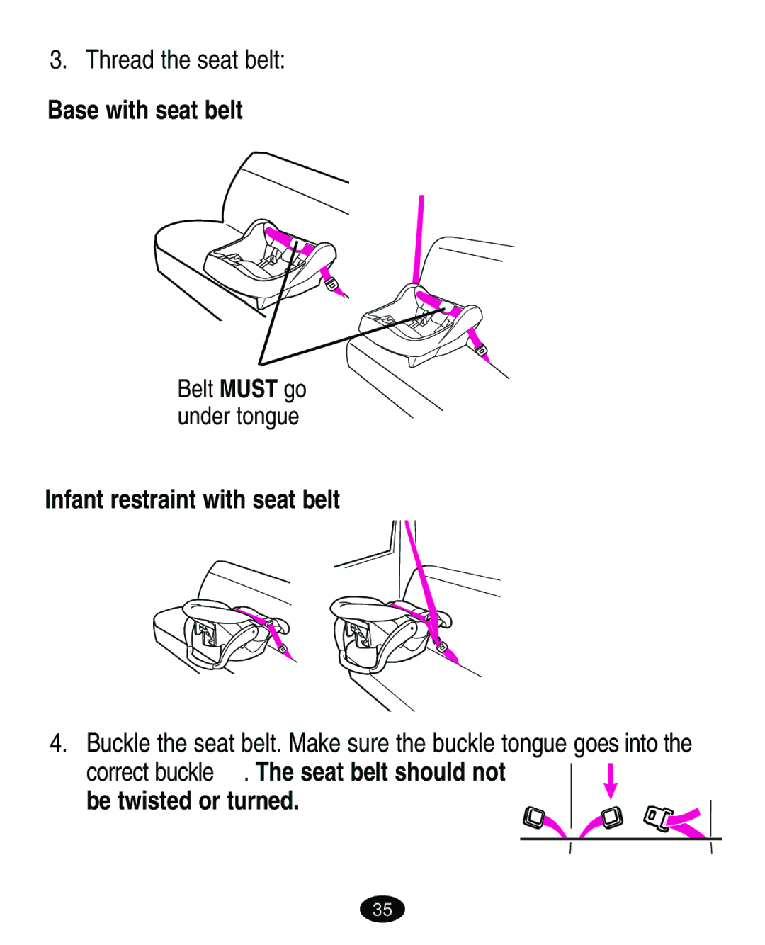 Graco ISPA173AA 08/05 Thread the seat belt, Base with seat belt, Infant restraint with seat belt, Be twisted or turned 