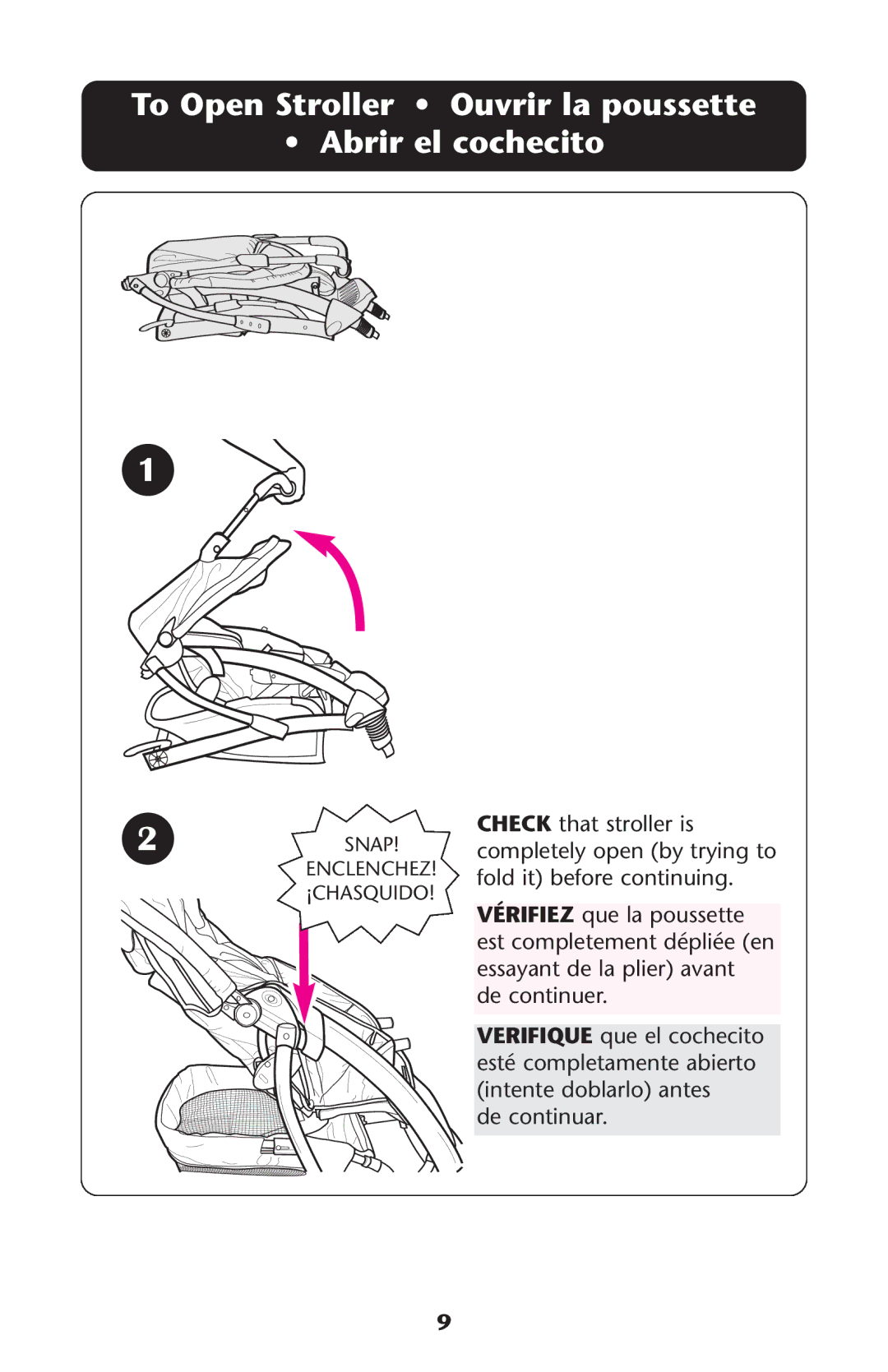 Graco ISPA173AA 08/05 manual To Open Stroller Ouvrir la poussette Abrir el cochecito 